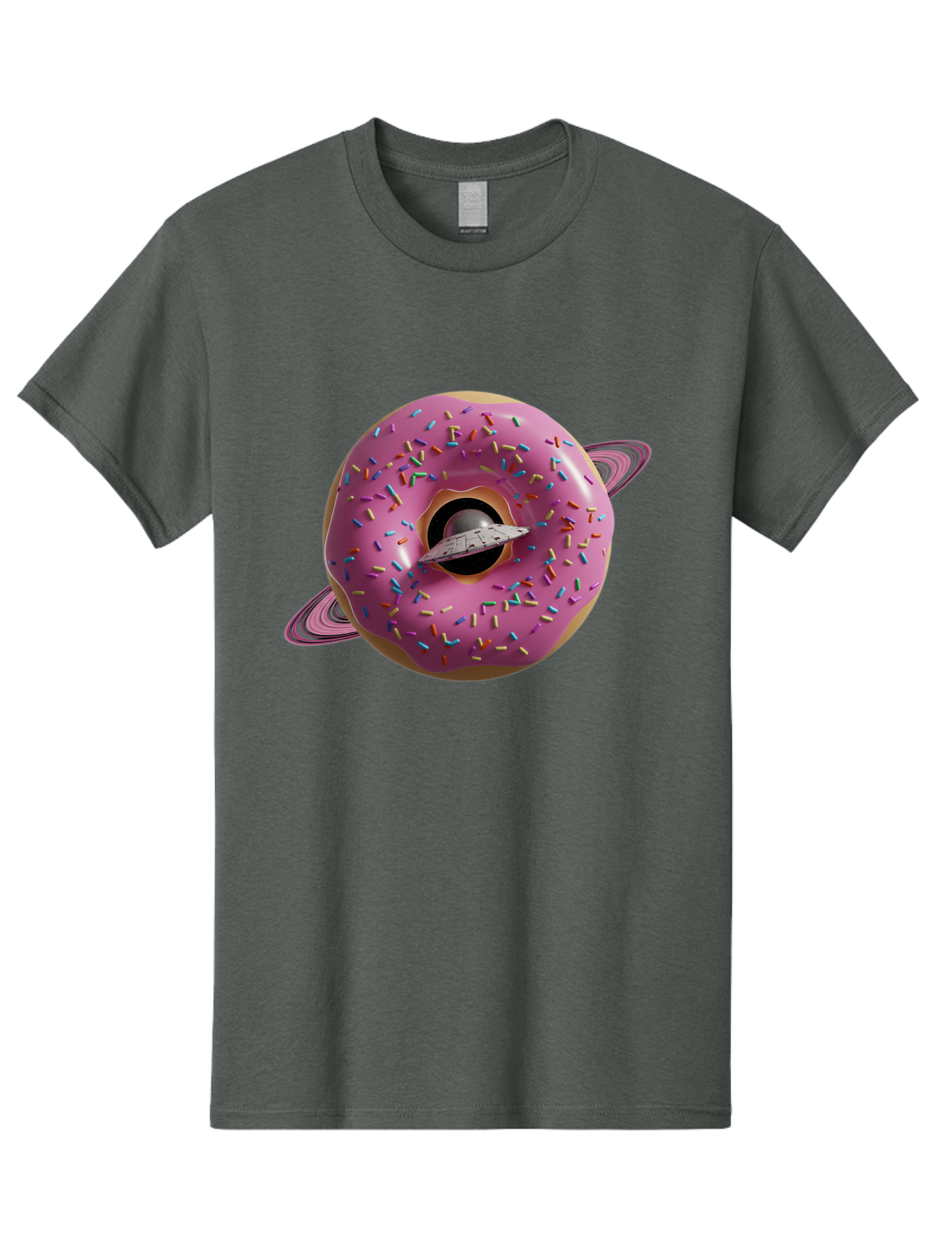 Flying-Saucer-Donut-Planet Men'S Graphic Tee, 100% Cotton, Comfortable Casual Summer Wear, Machine Washable, Pink Donut Planet, Donut With Sprinkles, Ufo Flying Through Donut, Pastel Colors, Pastel Donut, Sprinkles, Surreal Scene, Donut Hole, Bab913