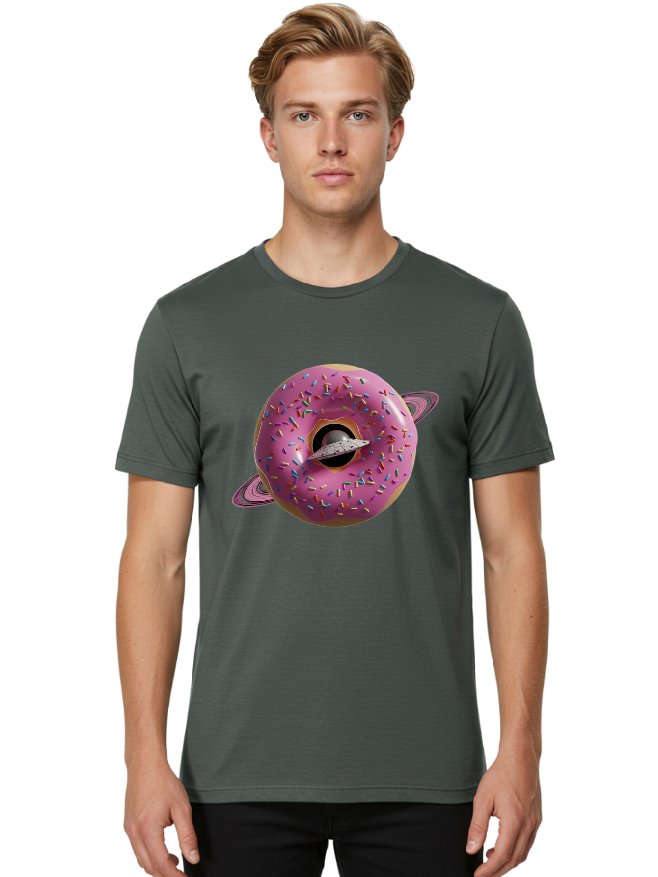 Flying-Saucer-Donut-Planet Men'S Graphic Tee, 100% Cotton, Comfortable Casual Summer Wear, Machine Washable, Pink Donut Planet, Donut With Sprinkles, Ufo Flying Through Donut, Pastel Colors, Pastel Donut, Sprinkles, Surreal Scene, Donut Hole, Bab913