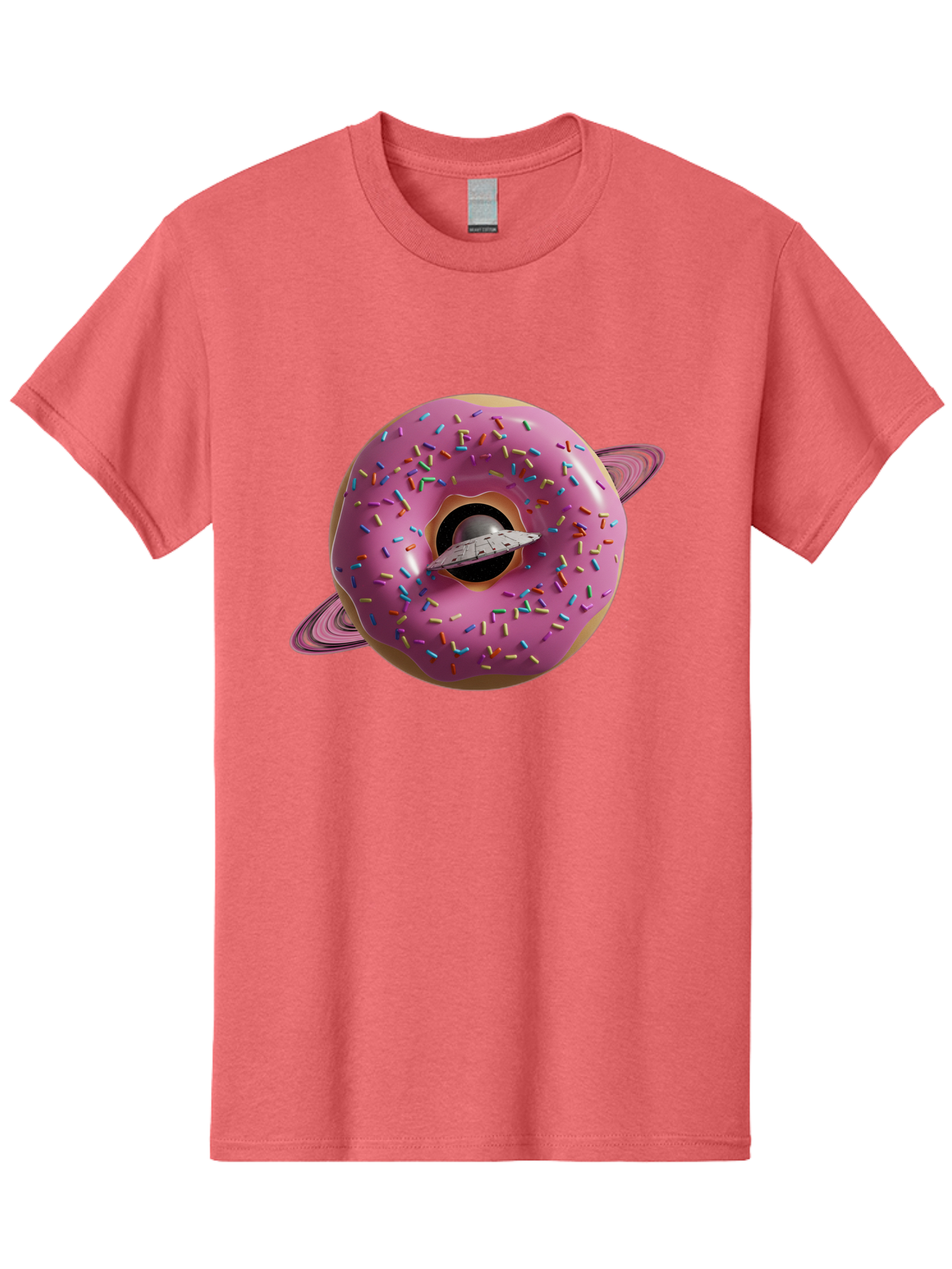 Flying-Saucer-Donut-Planet Men'S Graphic Tee, 100% Cotton, Comfortable Casual Summer Wear, Machine Washable, Pink Donut Planet, Donut With Sprinkles, Ufo Flying Through Donut, Pastel Colors, Pastel Donut, Sprinkles, Surreal Scene, Donut Hole, Bab913