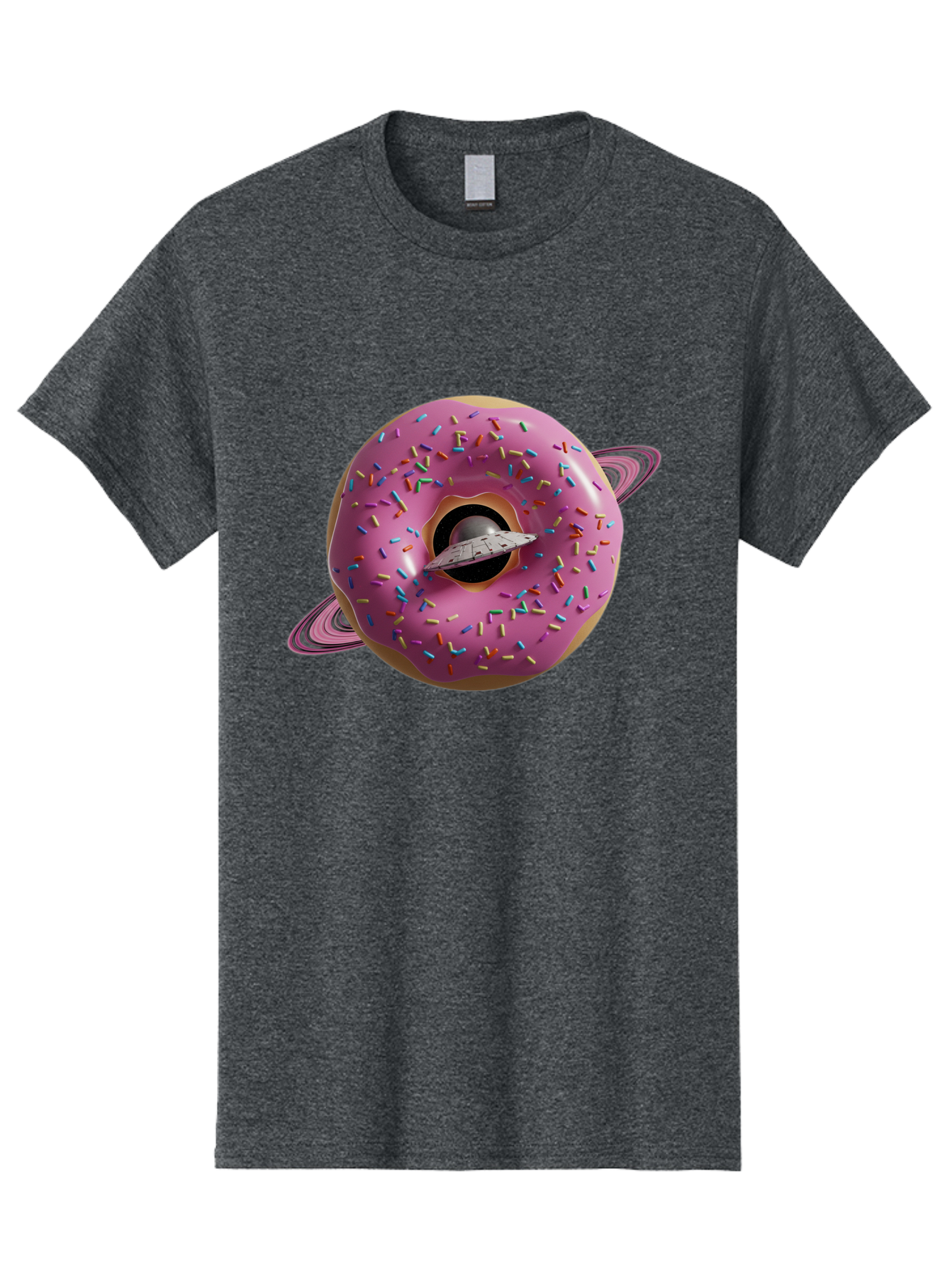 Flying-Saucer-Donut-Planet Men'S Graphic Tee, 100% Cotton, Comfortable Casual Summer Wear, Machine Washable, Pink Donut Planet, Donut With Sprinkles, Ufo Flying Through Donut, Pastel Colors, Pastel Donut, Sprinkles, Surreal Scene, Donut Hole, Bab913