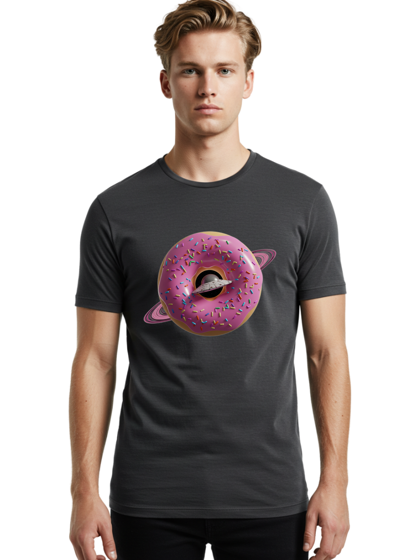 Flying-Saucer-Donut-Planet Men'S Graphic Tee, 100% Cotton, Comfortable Casual Summer Wear, Machine Washable, Pink Donut Planet, Donut With Sprinkles, Ufo Flying Through Donut, Pastel Colors, Pastel Donut, Sprinkles, Surreal Scene, Donut Hole, Bab913