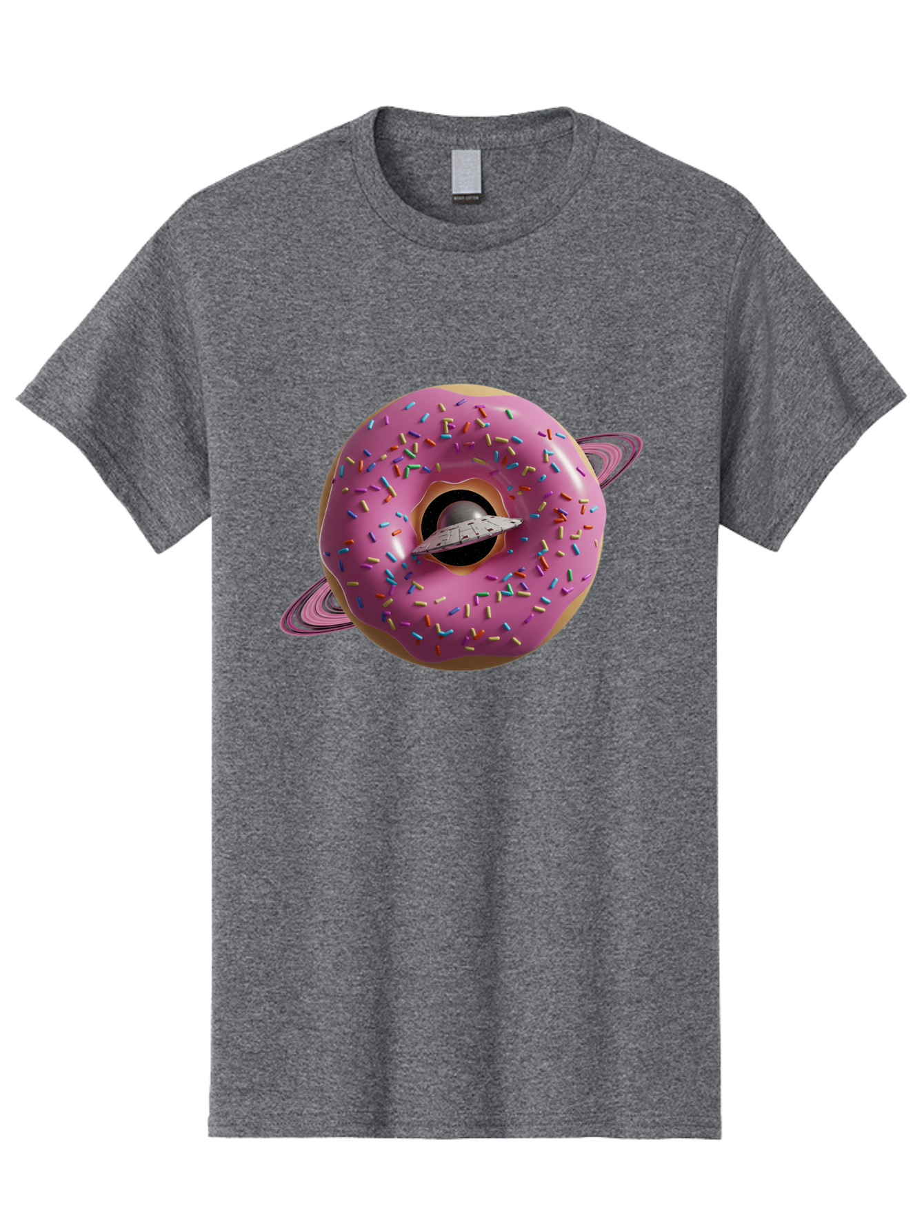 Flying-Saucer-Donut-Planet Men'S Graphic Tee, 100% Cotton, Comfortable Casual Summer Wear, Machine Washable, Pink Donut Planet, Donut With Sprinkles, Ufo Flying Through Donut, Pastel Colors, Pastel Donut, Sprinkles, Surreal Scene, Donut Hole, Bab913