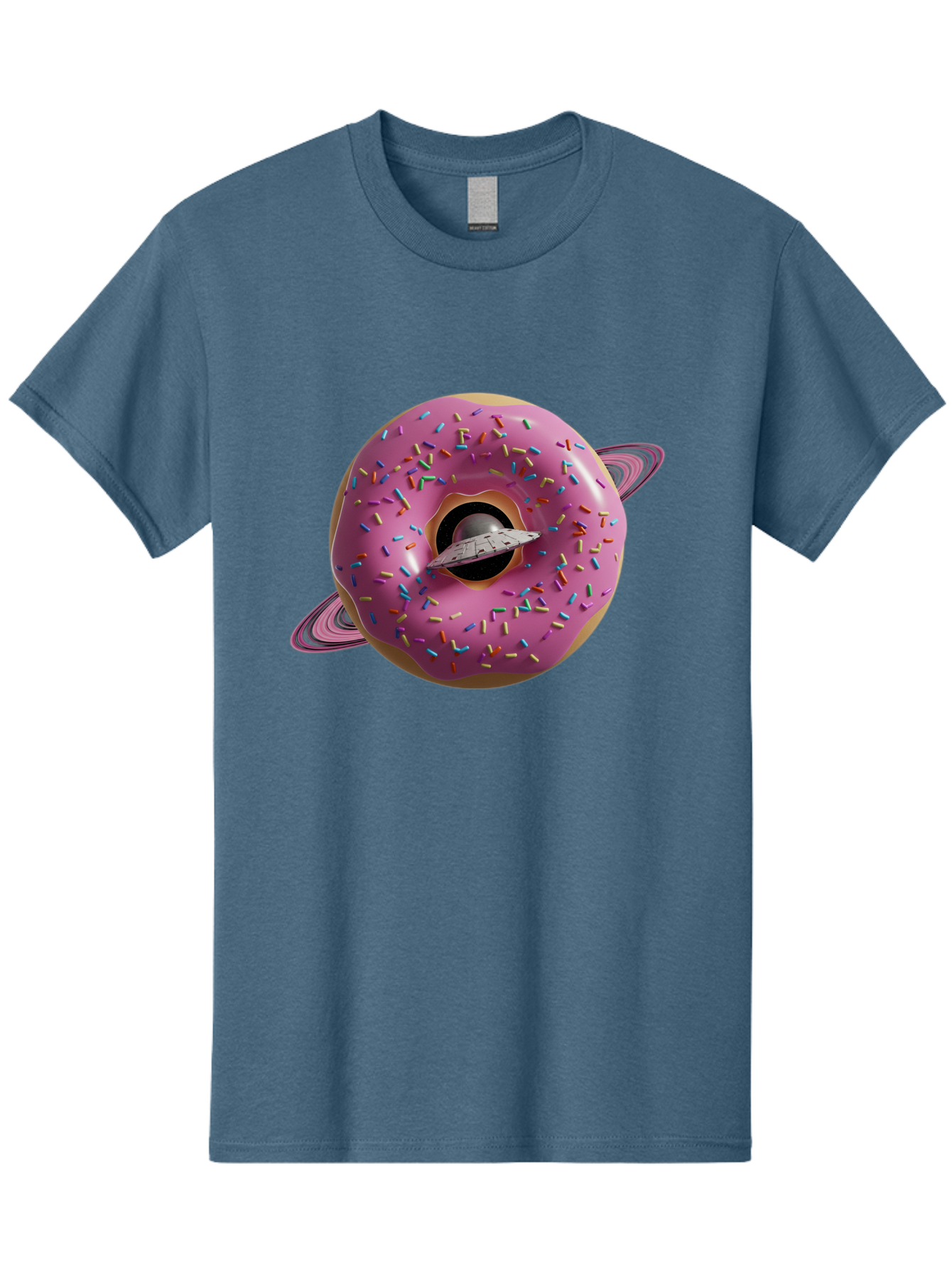 Flying-Saucer-Donut-Planet Men'S Graphic Tee, 100% Cotton, Comfortable Casual Summer Wear, Machine Washable, Pink Donut Planet, Donut With Sprinkles, Ufo Flying Through Donut, Pastel Colors, Pastel Donut, Sprinkles, Surreal Scene, Donut Hole, Bab913