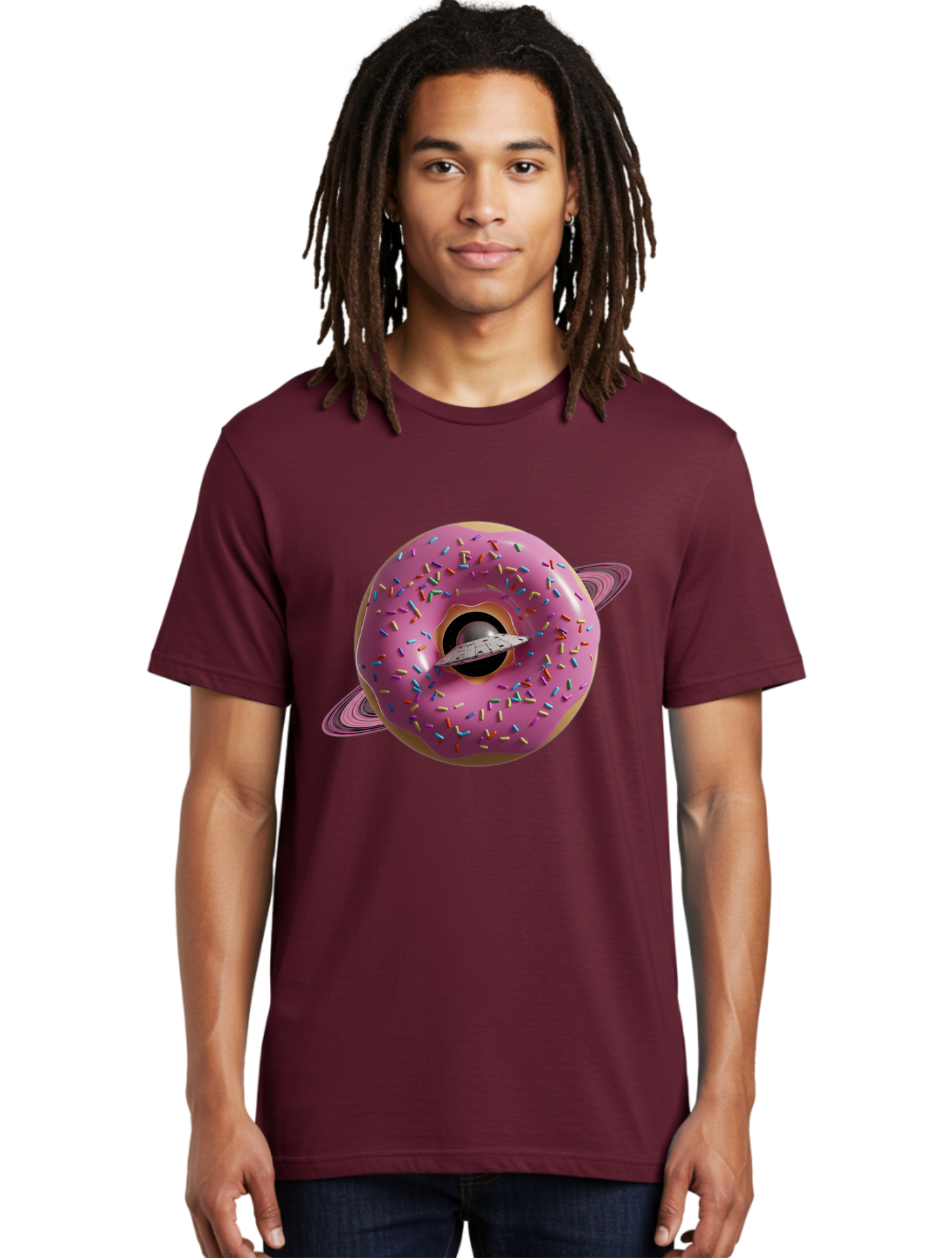 Flying-Saucer-Donut-Planet Men'S Graphic Tee, 100% Cotton, Comfortable Casual Summer Wear, Machine Washable, Pink Donut Planet, Donut With Sprinkles, Ufo Flying Through Donut, Pastel Colors, Pastel Donut, Sprinkles, Surreal Scene, Donut Hole, Bab913