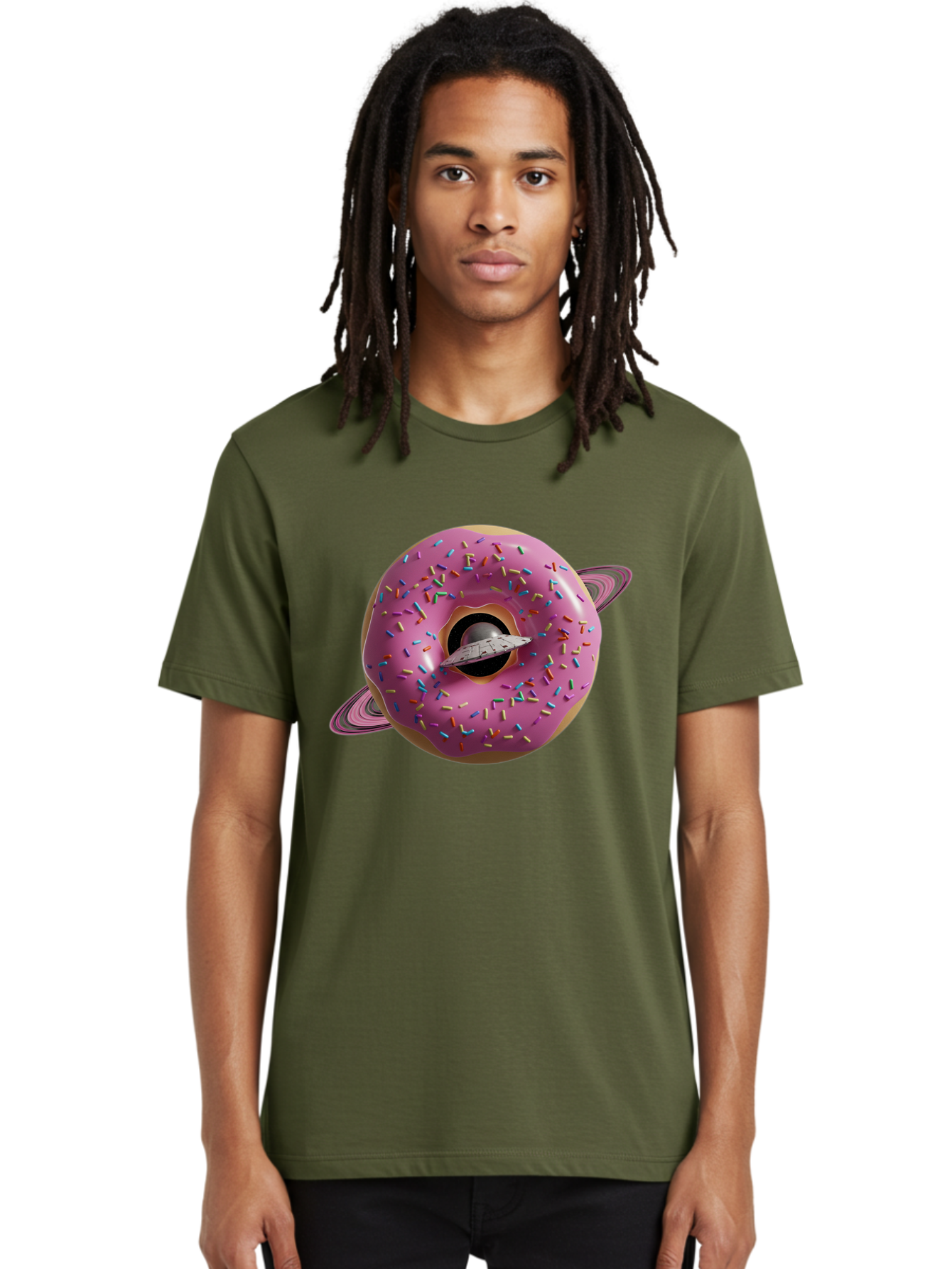 Flying-Saucer-Donut-Planet Men'S Graphic Tee, 100% Cotton, Comfortable Casual Summer Wear, Machine Washable, Pink Donut Planet, Donut With Sprinkles, Ufo Flying Through Donut, Pastel Colors, Pastel Donut, Sprinkles, Surreal Scene, Donut Hole, Bab913