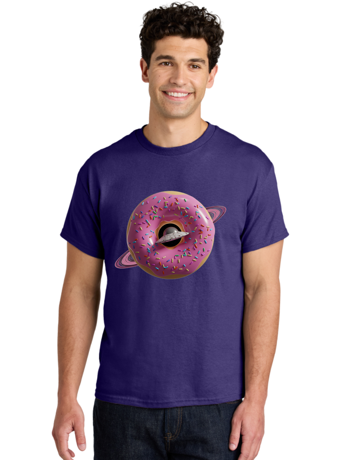 Flying-Saucer-Donut-Planet Men'S Graphic Tee, 100% Cotton, Comfortable Casual Summer Wear, Machine Washable, Pink Donut Planet, Donut With Sprinkles, Ufo Flying Through Donut, Pastel Colors, Pastel Donut, Sprinkles, Surreal Scene, Donut Hole, Bab913