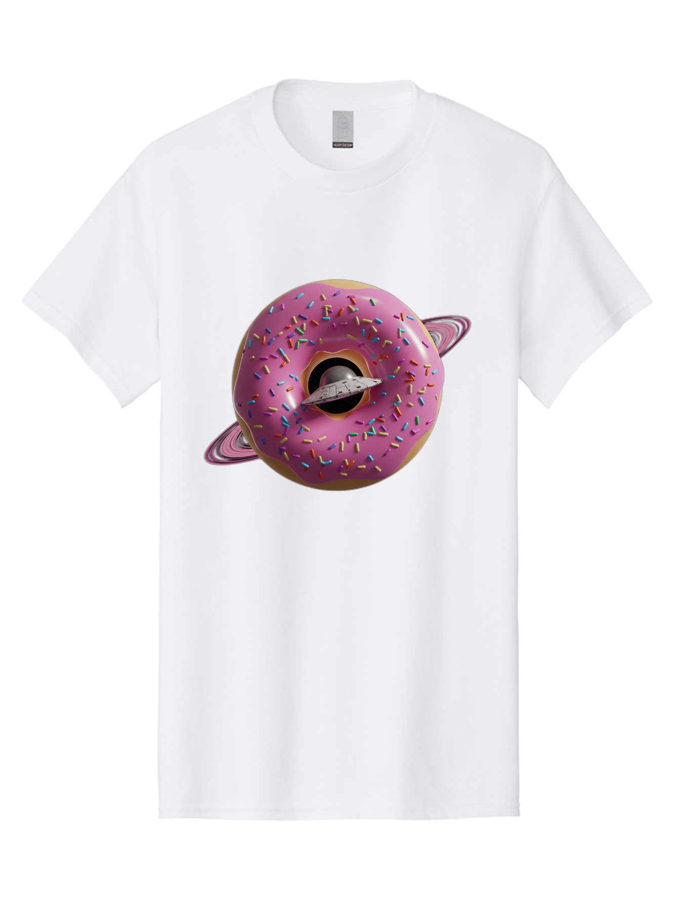 Flying-Saucer-Donut-Planet Men'S Graphic Tee, 100% Cotton, Comfortable Casual Summer Wear, Machine Washable, Pink Donut Planet, Donut With Sprinkles, Ufo Flying Through Donut, Pastel Colors, Pastel Donut, Sprinkles, Surreal Scene, Donut Hole, Bab913