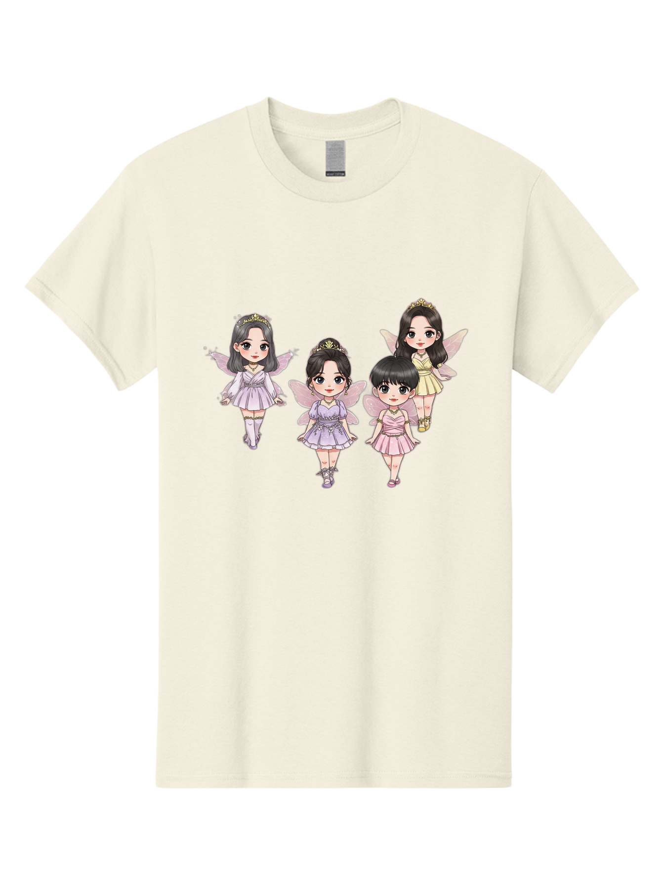 Four-Kawaii-Girls Men'S Graphic Tee, 100% Cotton, Comfortable Casual Summer Wear, Machine Washable, Cute Cartoon Characters, Fairy Illustrations, Pastel Colors, Whimsical Designs, Anime-Inspired Art, Delicate Wings, Princess Tiaras, Bab914