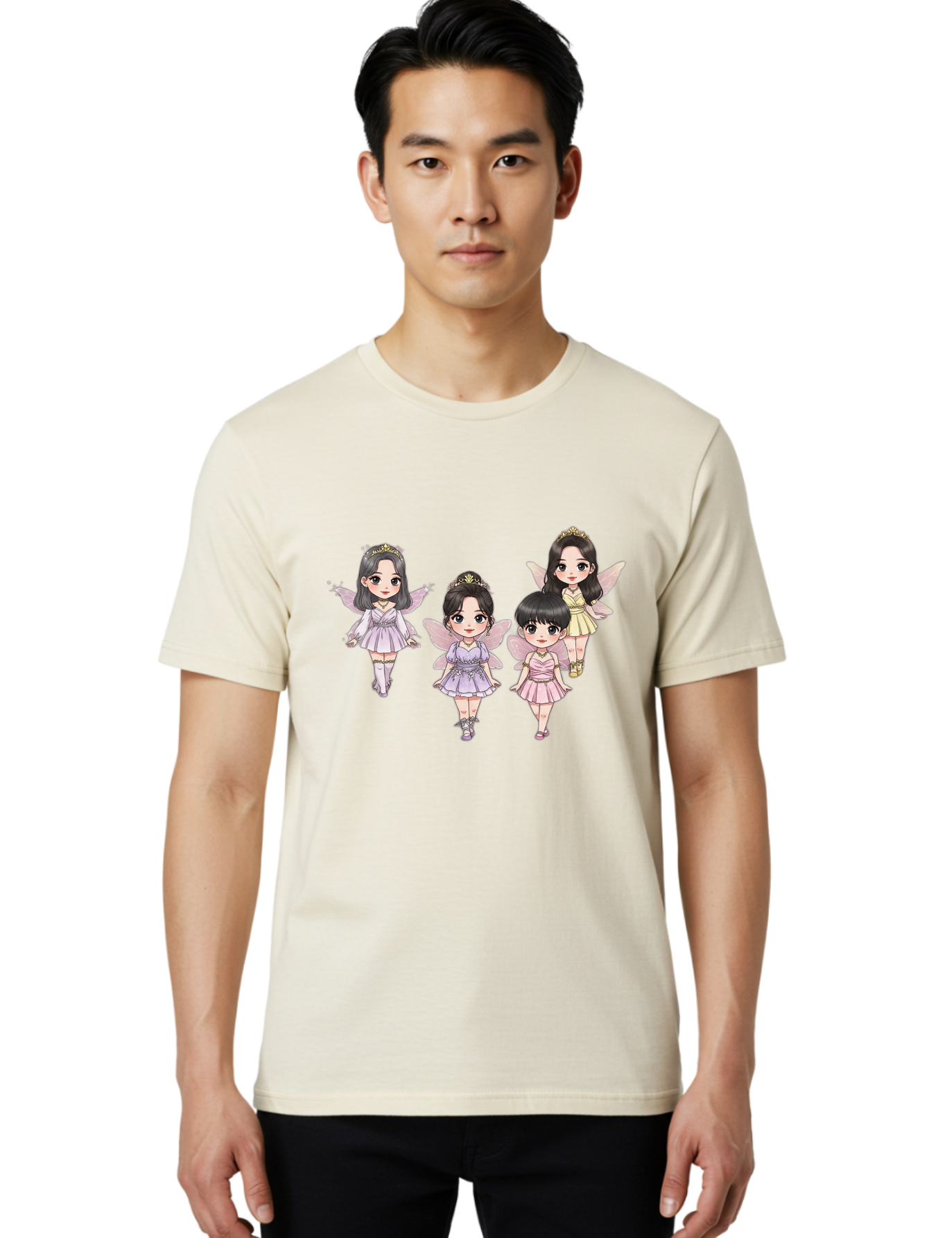 Four-Kawaii-Girls Men'S Graphic Tee, 100% Cotton, Comfortable Casual Summer Wear, Machine Washable, Cute Cartoon Characters, Fairy Illustrations, Pastel Colors, Whimsical Designs, Anime-Inspired Art, Delicate Wings, Princess Tiaras, Bab914