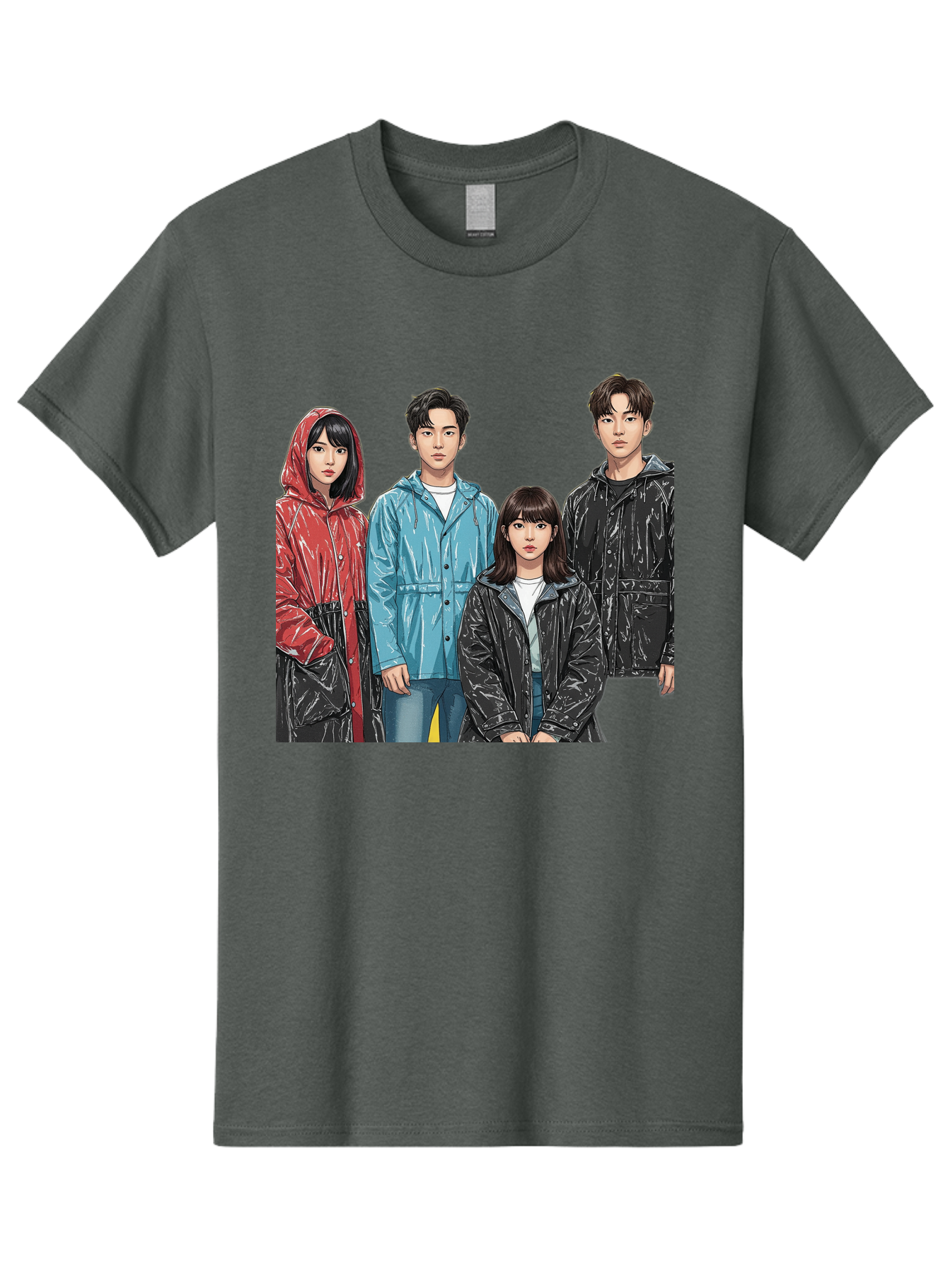 Four-People-In-Raincoats Men'S Graphic Tee, 100% Cotton, Comfortable Casual Summer Wear, Machine Washable, K-Pop Fashion, Raincoats, Youth Culture, Group Portrait, Black Hair, Stylish Clothing, Modern Teenagers, Trendy Outfits, Urban Style, Bab915