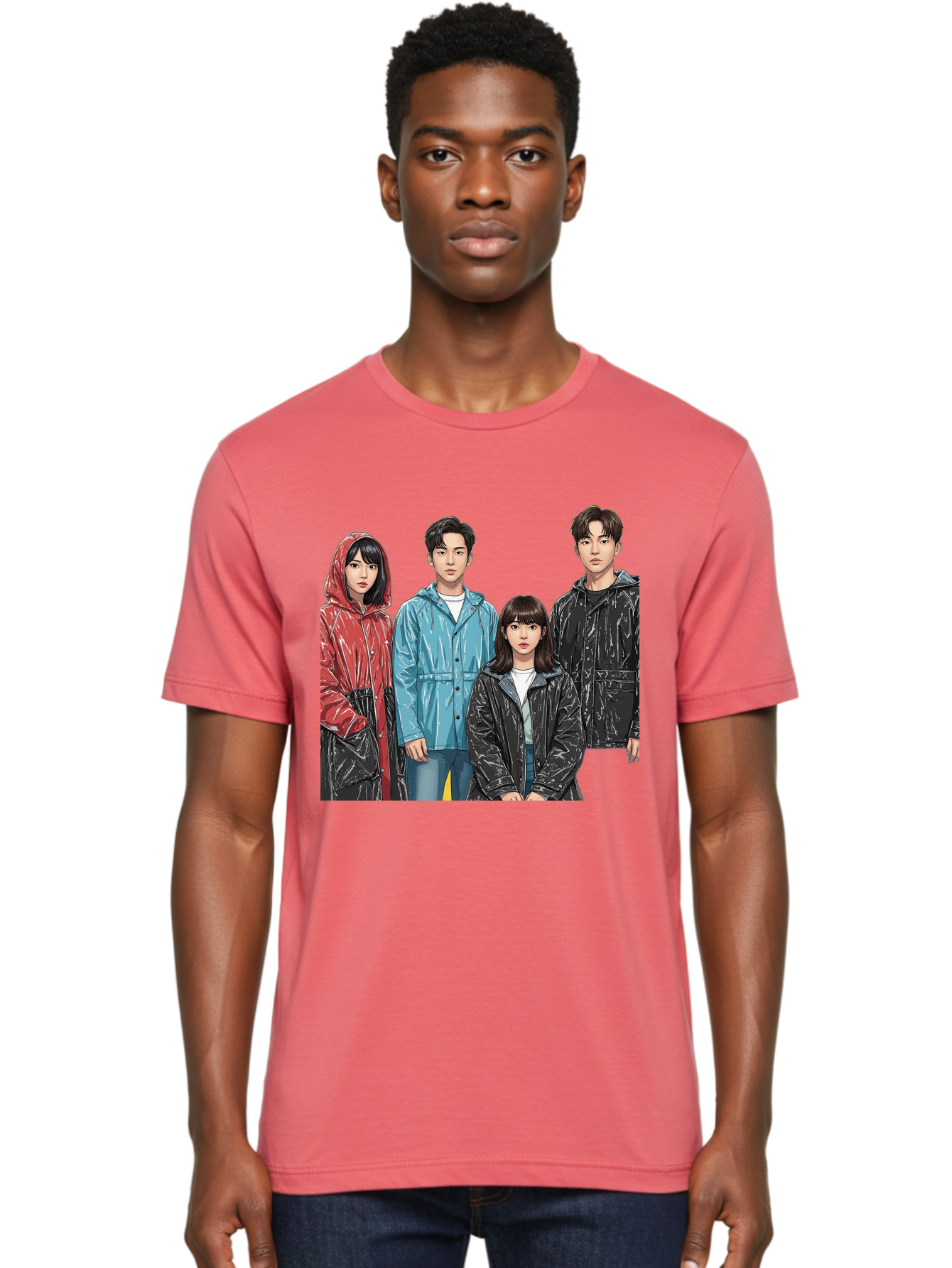 Four-People-In-Raincoats Men'S Graphic Tee, 100% Cotton, Comfortable Casual Summer Wear, Machine Washable, K-Pop Fashion, Raincoats, Youth Culture, Group Portrait, Black Hair, Stylish Clothing, Modern Teenagers, Trendy Outfits, Urban Style, Bab915