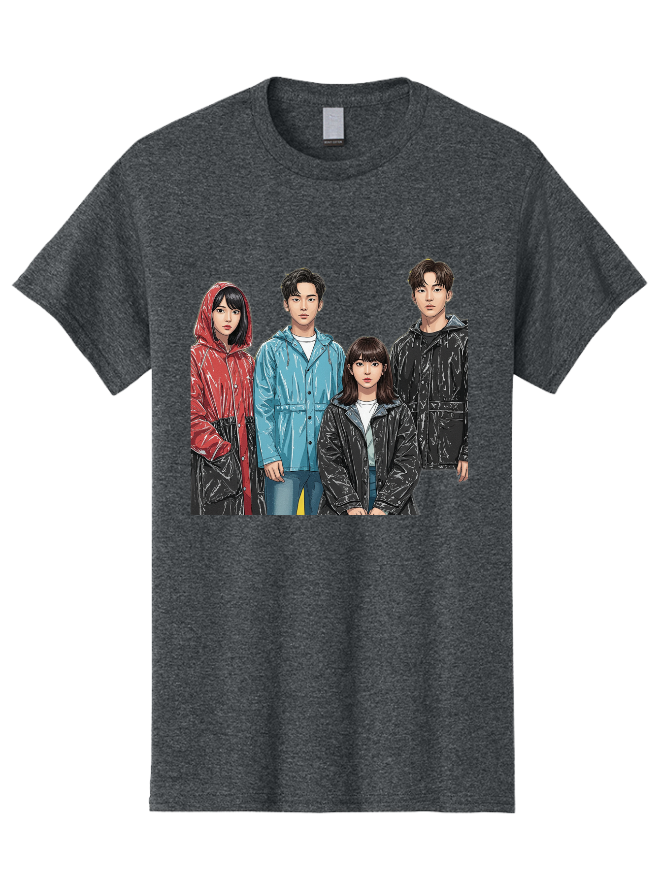 Four-People-In-Raincoats Men'S Graphic Tee, 100% Cotton, Comfortable Casual Summer Wear, Machine Washable, K-Pop Fashion, Raincoats, Youth Culture, Group Portrait, Black Hair, Stylish Clothing, Modern Teenagers, Trendy Outfits, Urban Style, Bab915