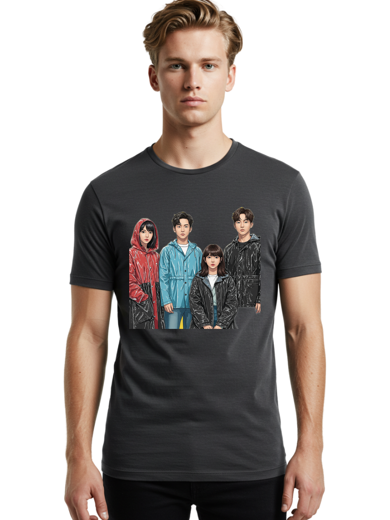 Four-People-In-Raincoats Men'S Graphic Tee, 100% Cotton, Comfortable Casual Summer Wear, Machine Washable, K-Pop Fashion, Raincoats, Youth Culture, Group Portrait, Black Hair, Stylish Clothing, Modern Teenagers, Trendy Outfits, Urban Style, Bab915