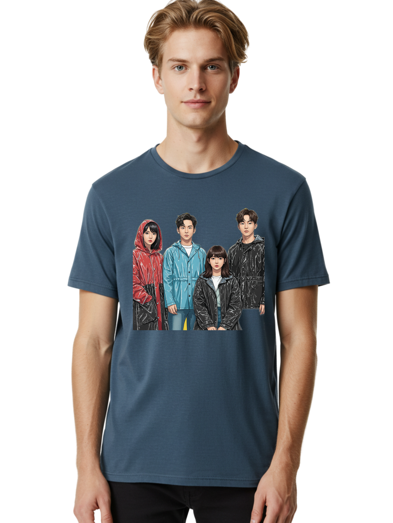 Four-People-In-Raincoats Men'S Graphic Tee, 100% Cotton, Comfortable Casual Summer Wear, Machine Washable, K-Pop Fashion, Raincoats, Youth Culture, Group Portrait, Black Hair, Stylish Clothing, Modern Teenagers, Trendy Outfits, Urban Style, Bab915