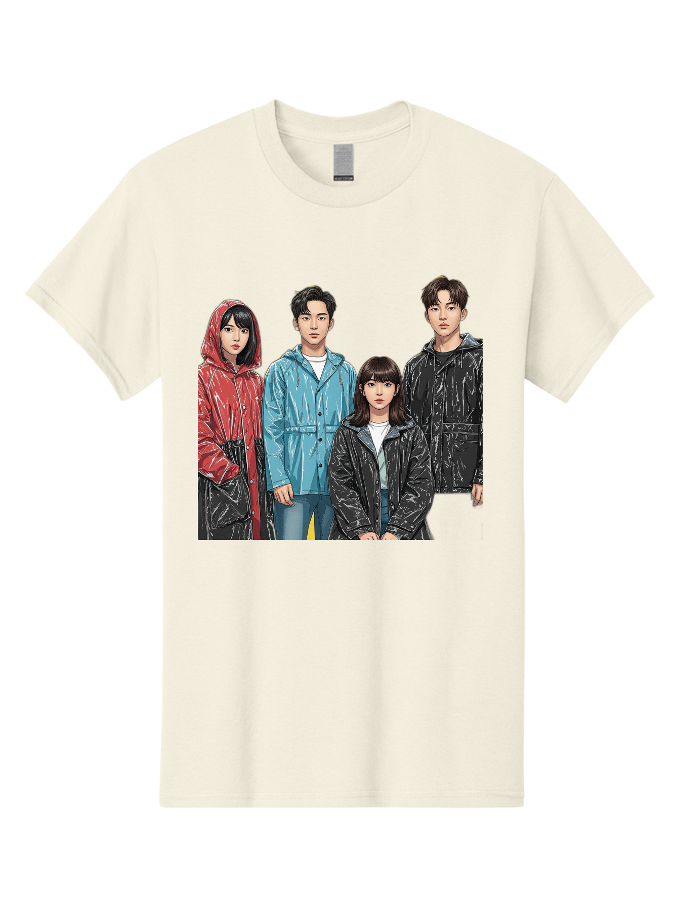 Four-People-In-Raincoats Men'S Graphic Tee, 100% Cotton, Comfortable Casual Summer Wear, Machine Washable, K-Pop Fashion, Raincoats, Youth Culture, Group Portrait, Black Hair, Stylish Clothing, Modern Teenagers, Trendy Outfits, Urban Style, Bab915