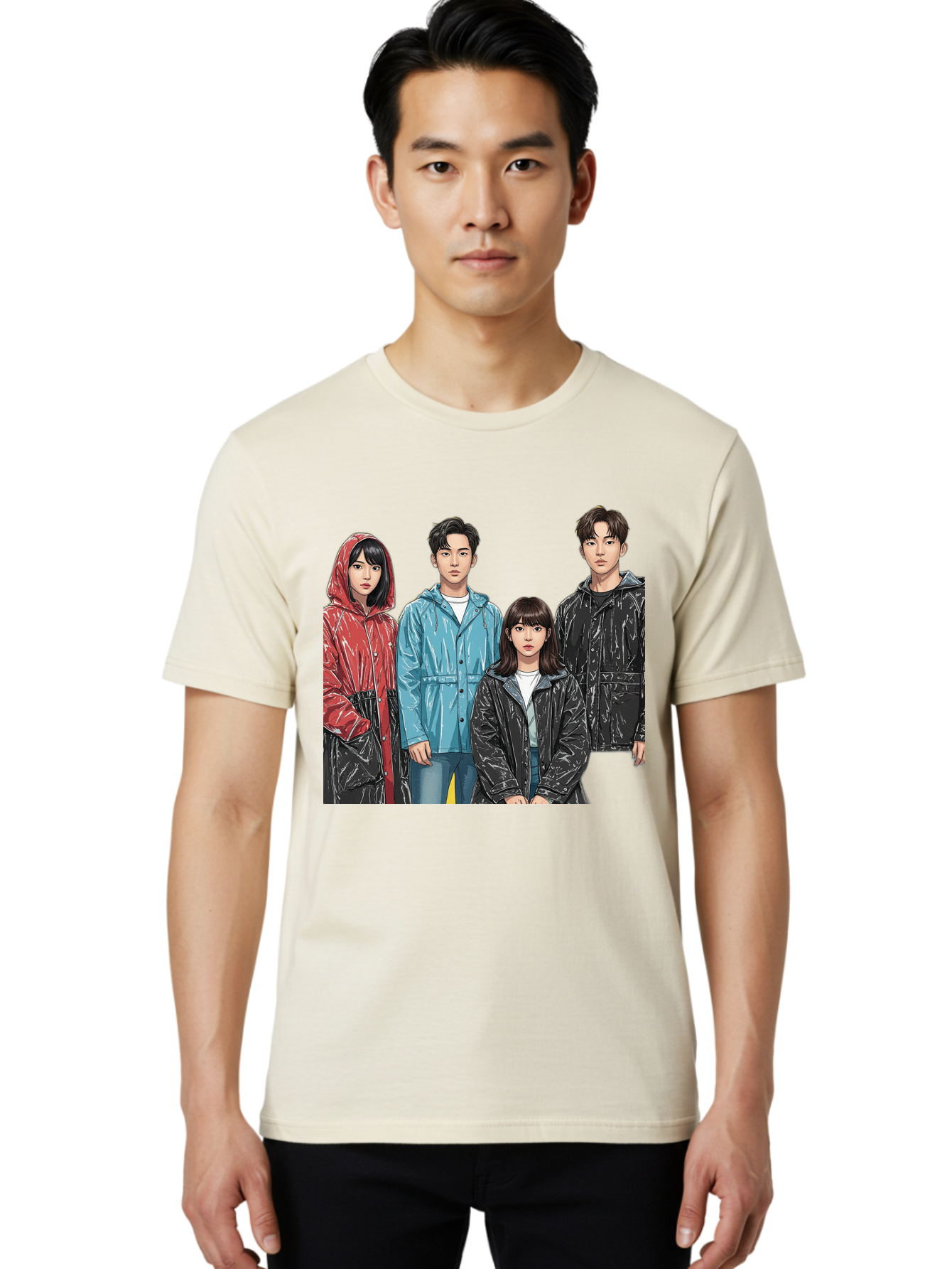 Four-People-In-Raincoats Men'S Graphic Tee, 100% Cotton, Comfortable Casual Summer Wear, Machine Washable, K-Pop Fashion, Raincoats, Youth Culture, Group Portrait, Black Hair, Stylish Clothing, Modern Teenagers, Trendy Outfits, Urban Style, Bab915