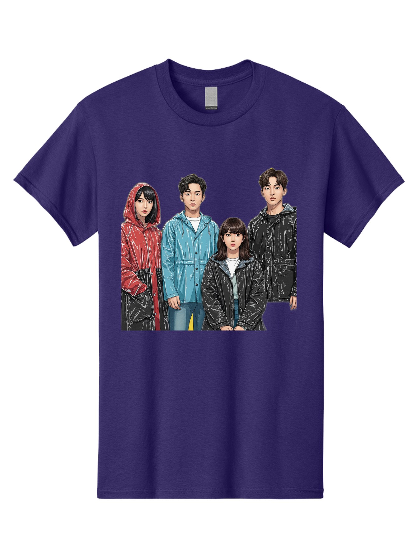 Four-People-In-Raincoats Men'S Graphic Tee, 100% Cotton, Comfortable Casual Summer Wear, Machine Washable, K-Pop Fashion, Raincoats, Youth Culture, Group Portrait, Black Hair, Stylish Clothing, Modern Teenagers, Trendy Outfits, Urban Style, Bab915