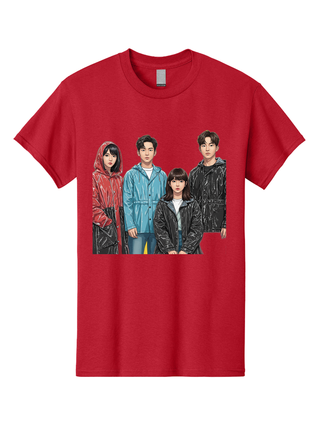 Four-People-In-Raincoats Men'S Graphic Tee, 100% Cotton, Comfortable Casual Summer Wear, Machine Washable, K-Pop Fashion, Raincoats, Youth Culture, Group Portrait, Black Hair, Stylish Clothing, Modern Teenagers, Trendy Outfits, Urban Style, Bab915
