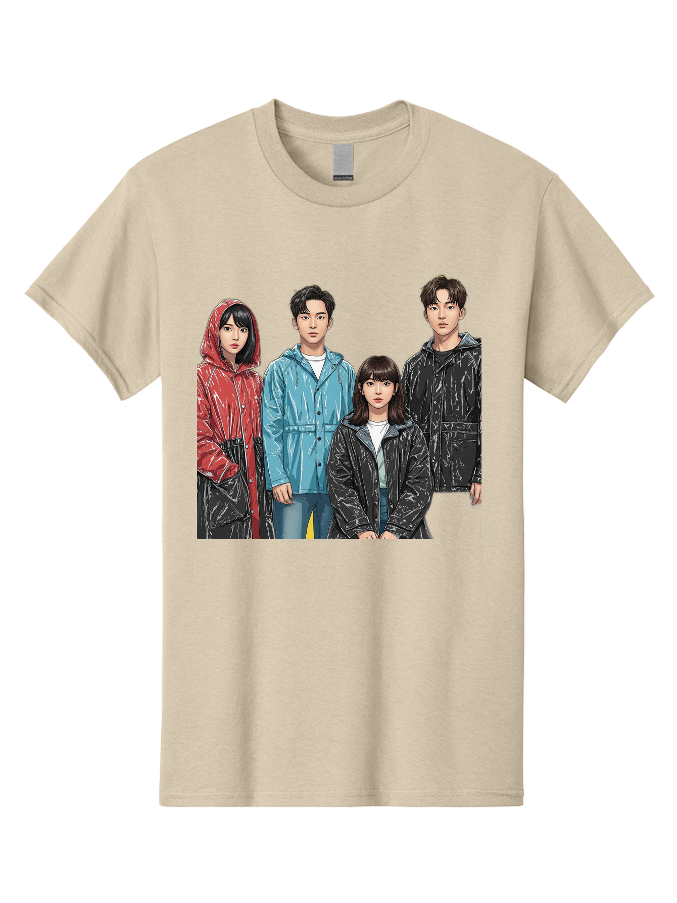 Four-People-In-Raincoats Men'S Graphic Tee, 100% Cotton, Comfortable Casual Summer Wear, Machine Washable, K-Pop Fashion, Raincoats, Youth Culture, Group Portrait, Black Hair, Stylish Clothing, Modern Teenagers, Trendy Outfits, Urban Style, Bab915