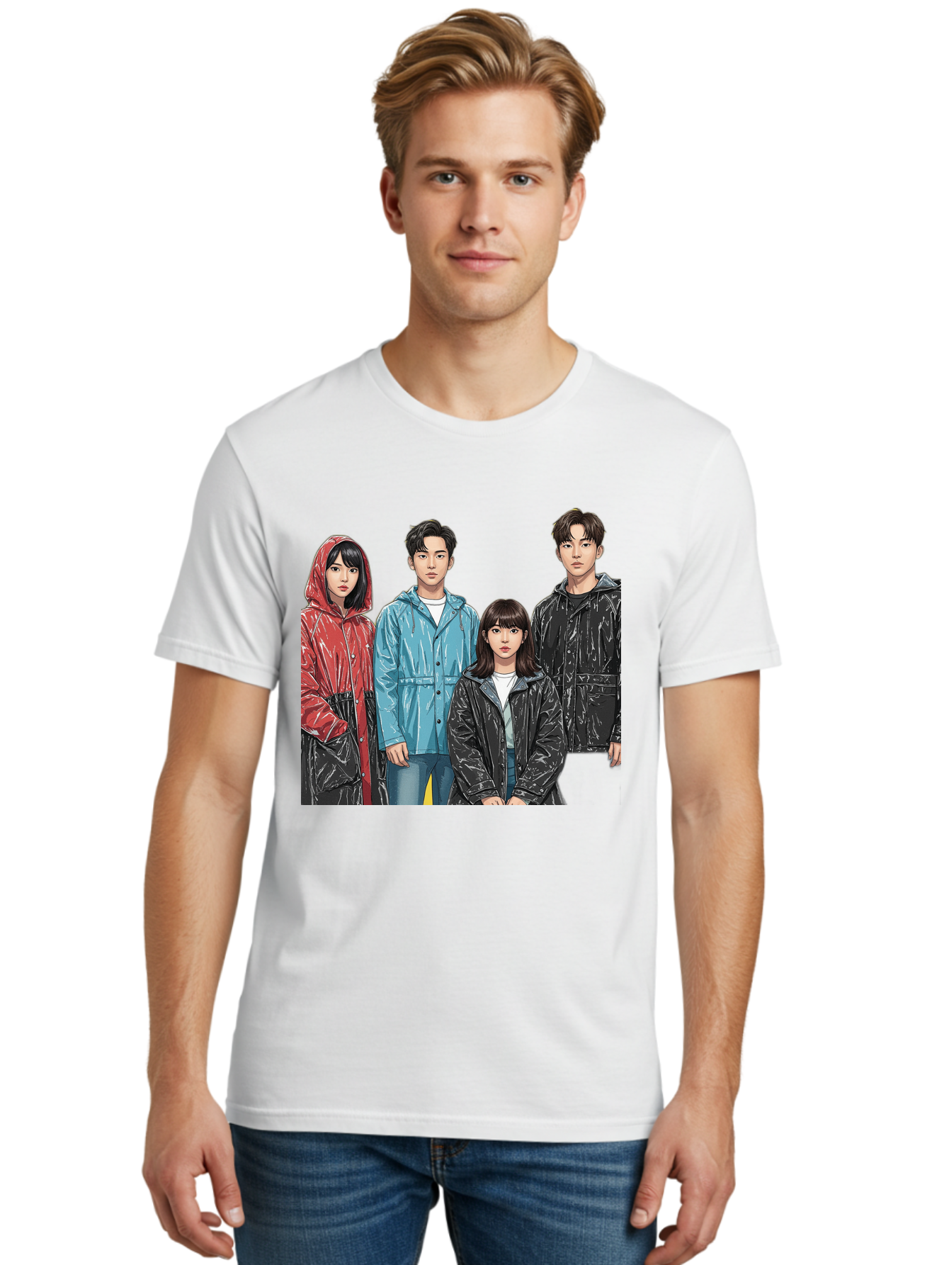 Four-People-In-Raincoats Men'S Graphic Tee, 100% Cotton, Comfortable Casual Summer Wear, Machine Washable, K-Pop Fashion, Raincoats, Youth Culture, Group Portrait, Black Hair, Stylish Clothing, Modern Teenagers, Trendy Outfits, Urban Style, Bab915