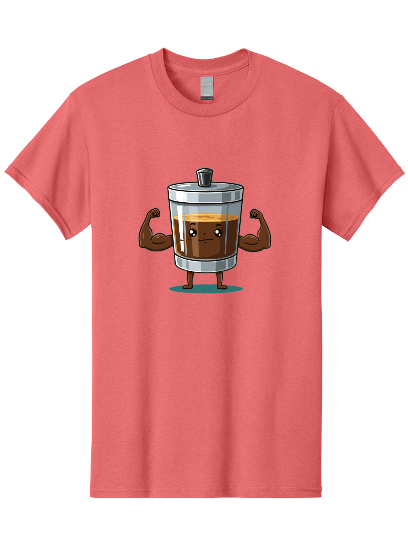 French-Press Men'S Graphic Tee, 100% Cotton, Comfortable Casual Summer Wear, Machine Washable, Cartoon Character, French Press, Coffee, Muscles, Flexing Arms, Happy Expression, Fitness, Motivation, Coffee Culture Bab916