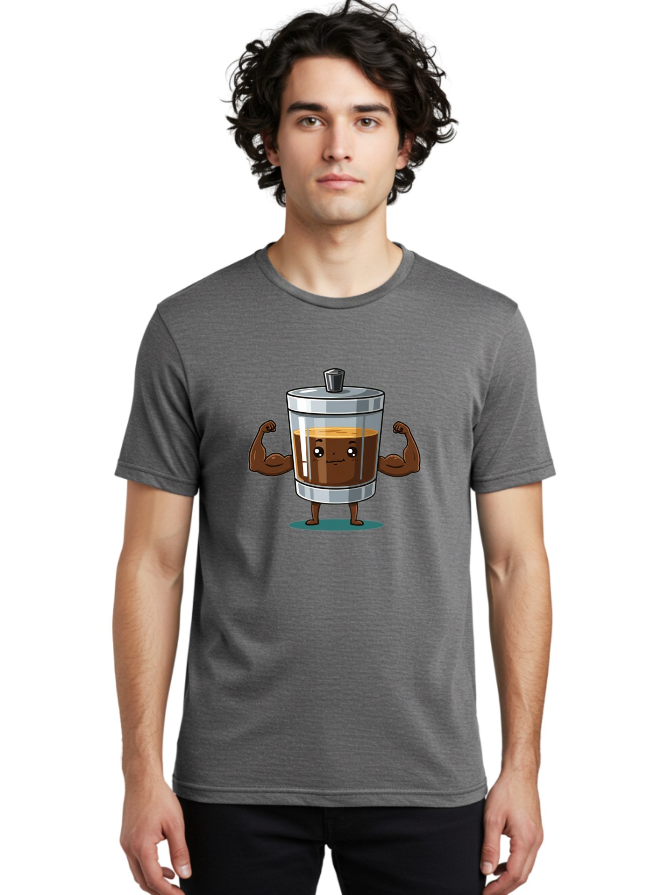 French-Press Men'S Graphic Tee, 100% Cotton, Comfortable Casual Summer Wear, Machine Washable, Cartoon Character, French Press, Coffee, Muscles, Flexing Arms, Happy Expression, Fitness, Motivation, Coffee Culture Bab916