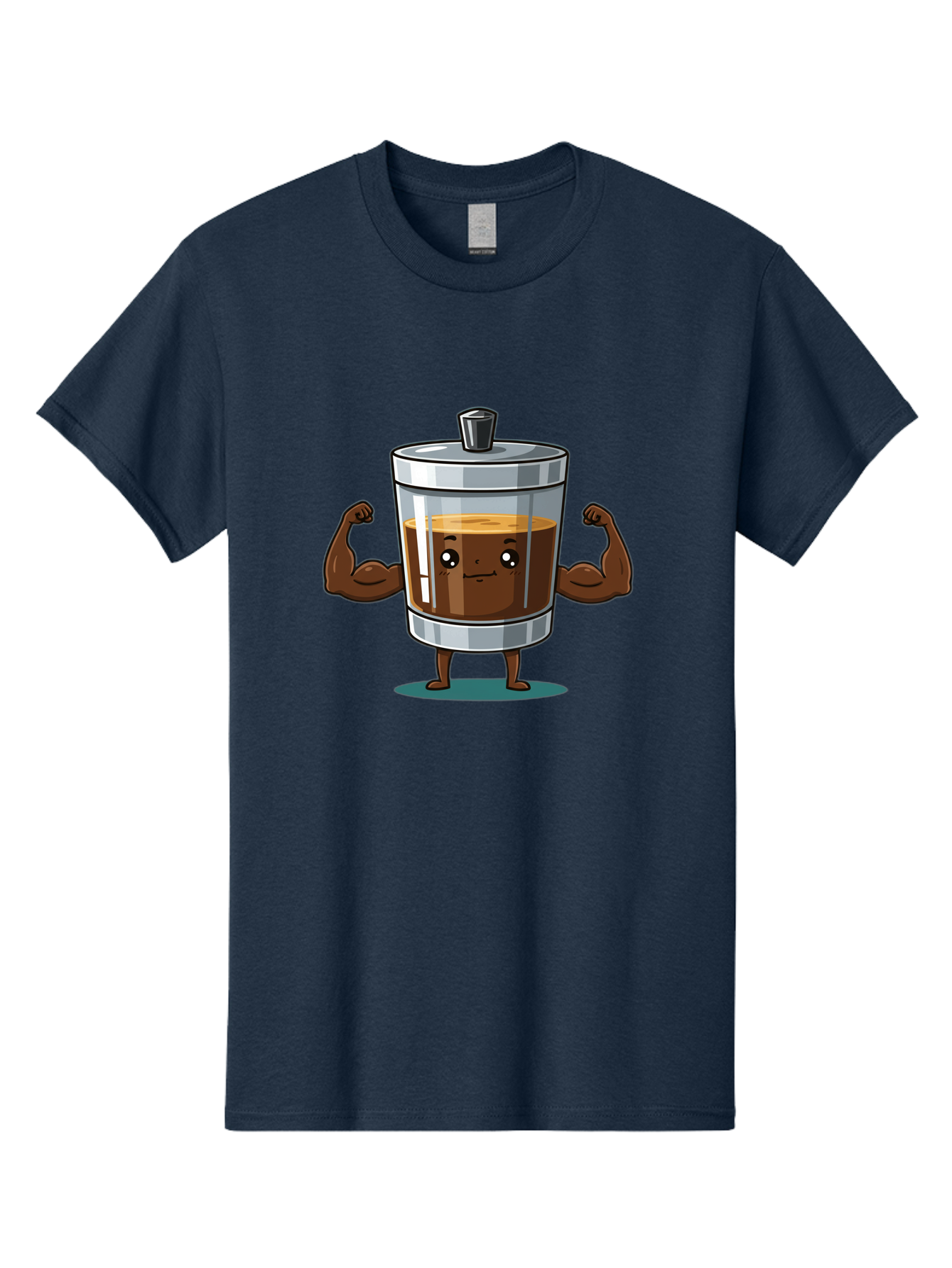 French-Press Men'S Graphic Tee, 100% Cotton, Comfortable Casual Summer Wear, Machine Washable, Cartoon Character, French Press, Coffee, Muscles, Flexing Arms, Happy Expression, Fitness, Motivation, Coffee Culture Bab916