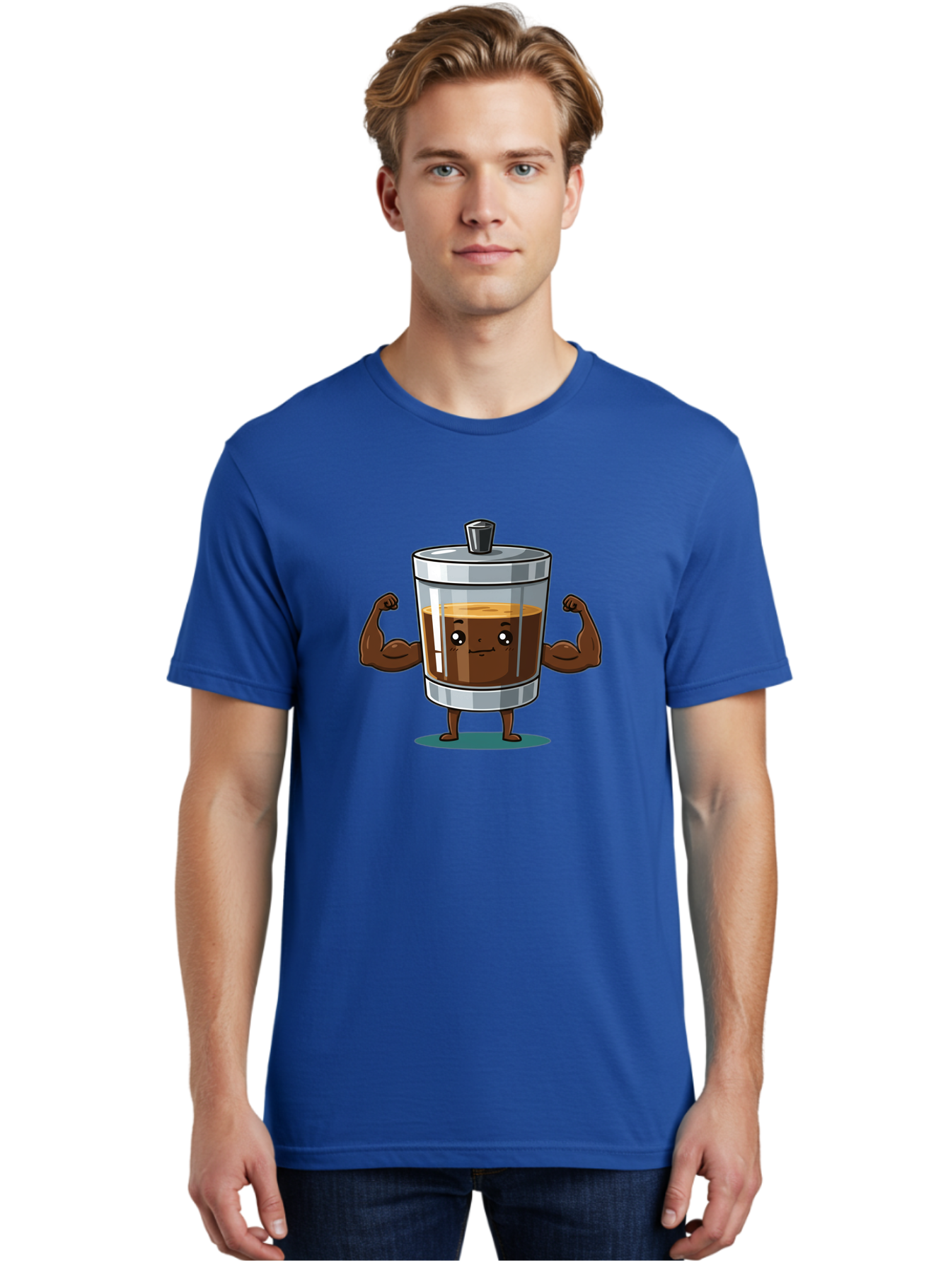 French-Press Men'S Graphic Tee, 100% Cotton, Comfortable Casual Summer Wear, Machine Washable, Cartoon Character, French Press, Coffee, Muscles, Flexing Arms, Happy Expression, Fitness, Motivation, Coffee Culture Bab916