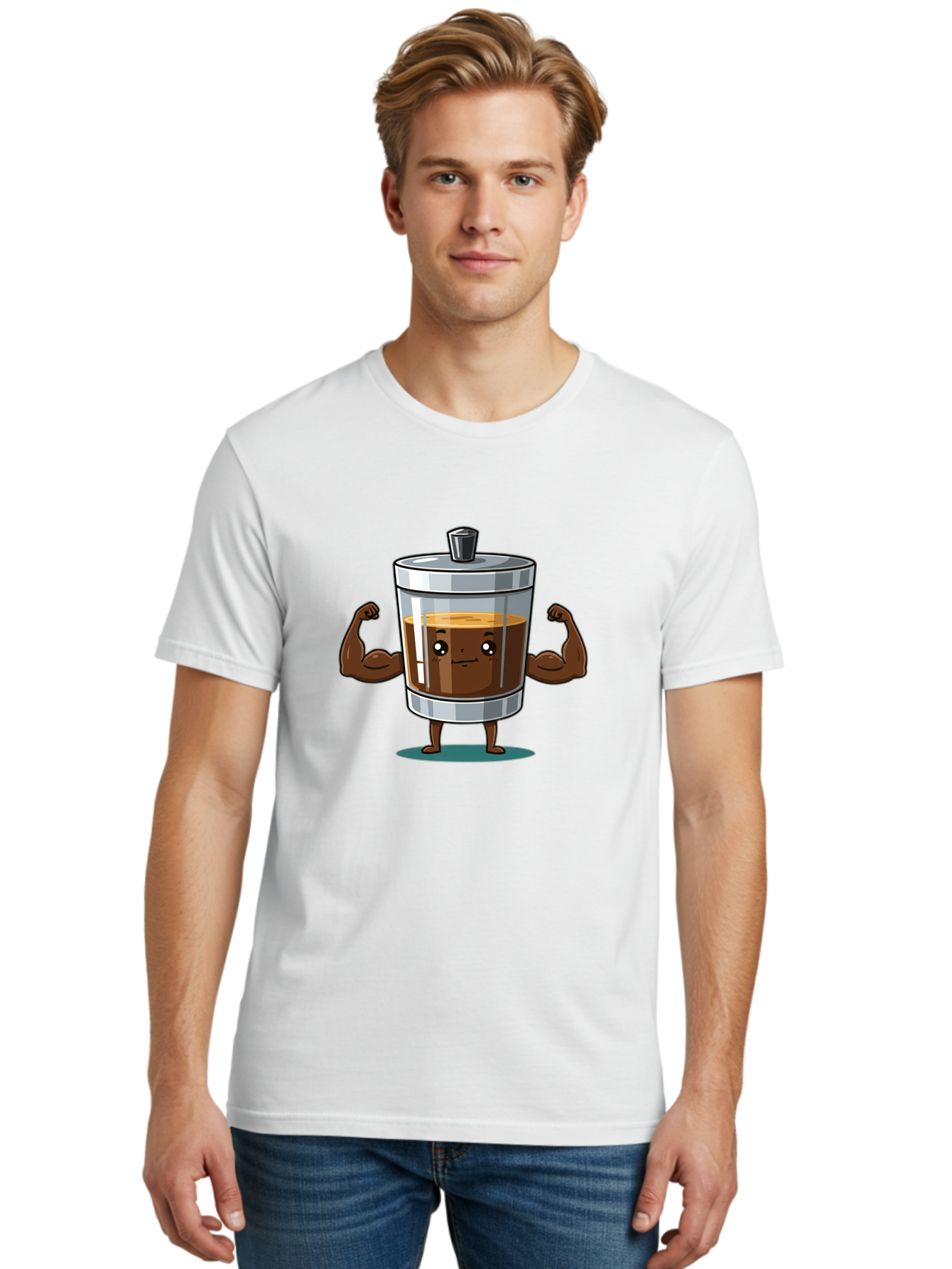 French-Press Men'S Graphic Tee, 100% Cotton, Comfortable Casual Summer Wear, Machine Washable, Cartoon Character, French Press, Coffee, Muscles, Flexing Arms, Happy Expression, Fitness, Motivation, Coffee Culture Bab916