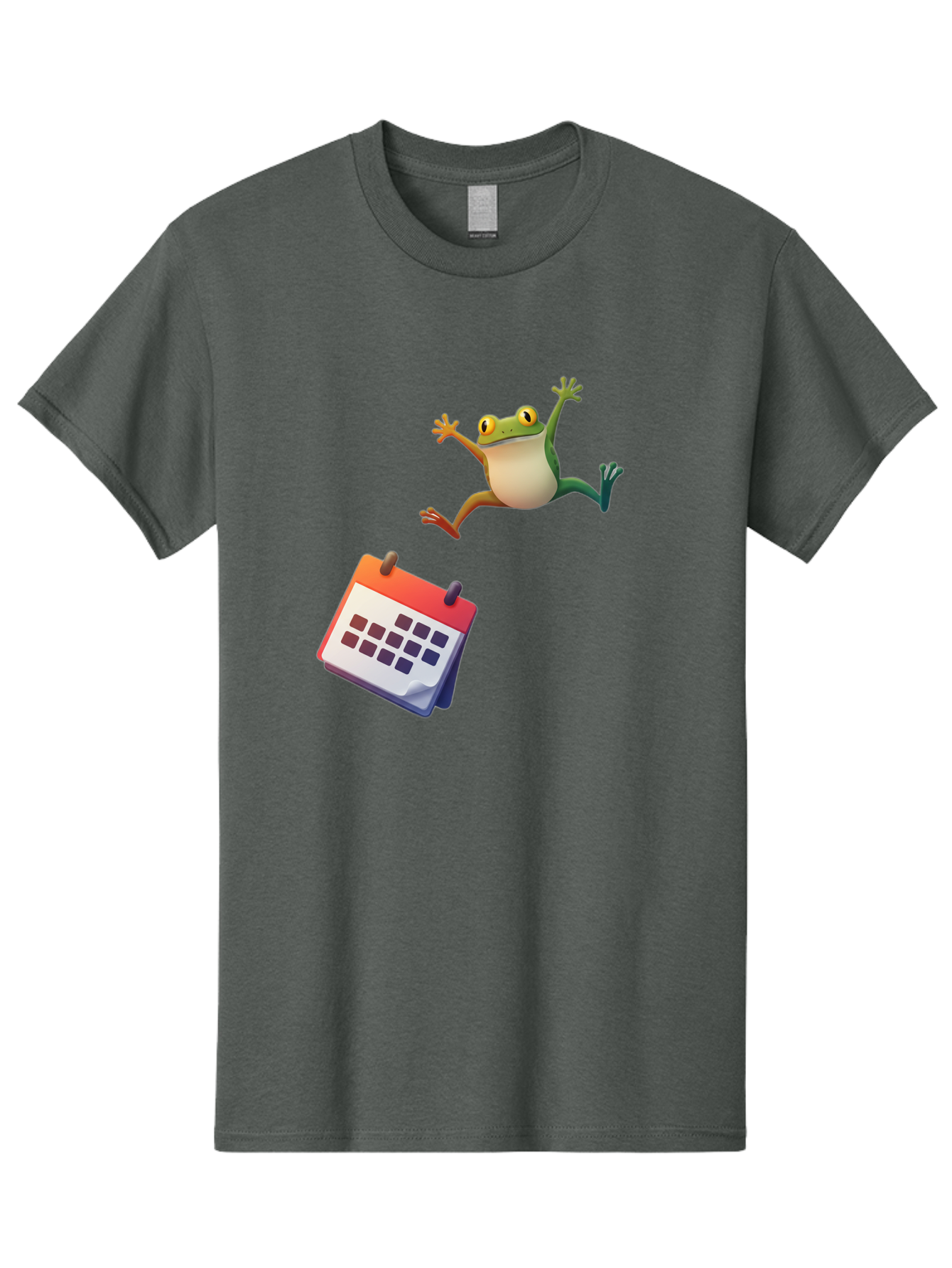 Frog-And-Calendar Men'S Graphic Tee, 100% Cotton, Comfortable Casual Summer Wear, Machine Washable, Cartoon Frog Jumping, Calendar With Blank Dates, Green Frog Character, Funny Amphibian, Calendar Design, Cartoon Style, Digital Illustration, Bab917