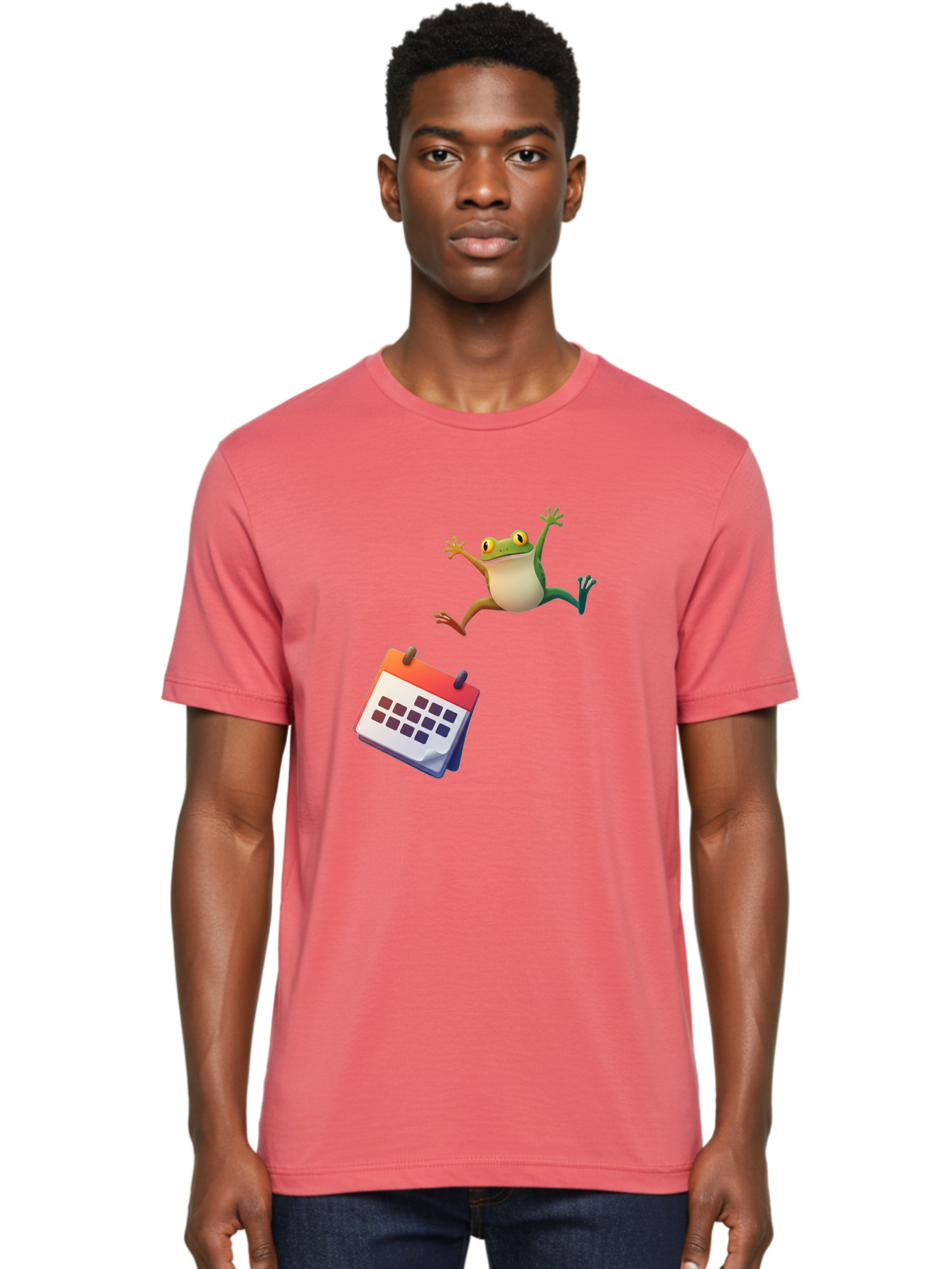 Frog-And-Calendar Men'S Graphic Tee, 100% Cotton, Comfortable Casual Summer Wear, Machine Washable, Cartoon Frog Jumping, Calendar With Blank Dates, Green Frog Character, Funny Amphibian, Calendar Design, Cartoon Style, Digital Illustration, Bab917