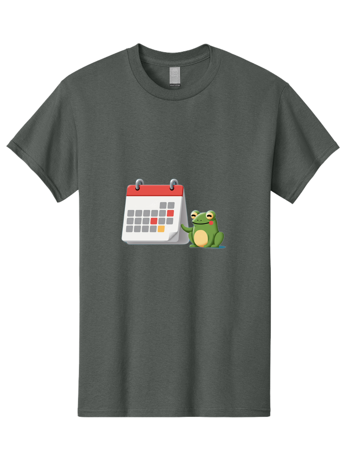 Frog-Calendar-1 Men'S Graphic Tee, 100% Cotton, Comfortable Casual Summer Wear, Machine Washable, Calendar With Frog, Scheduling, Planning, Organization, Time Management, Cartoon Character, Green Frog, Red Top Calendar, Gray Red Orange Dates, Bab918