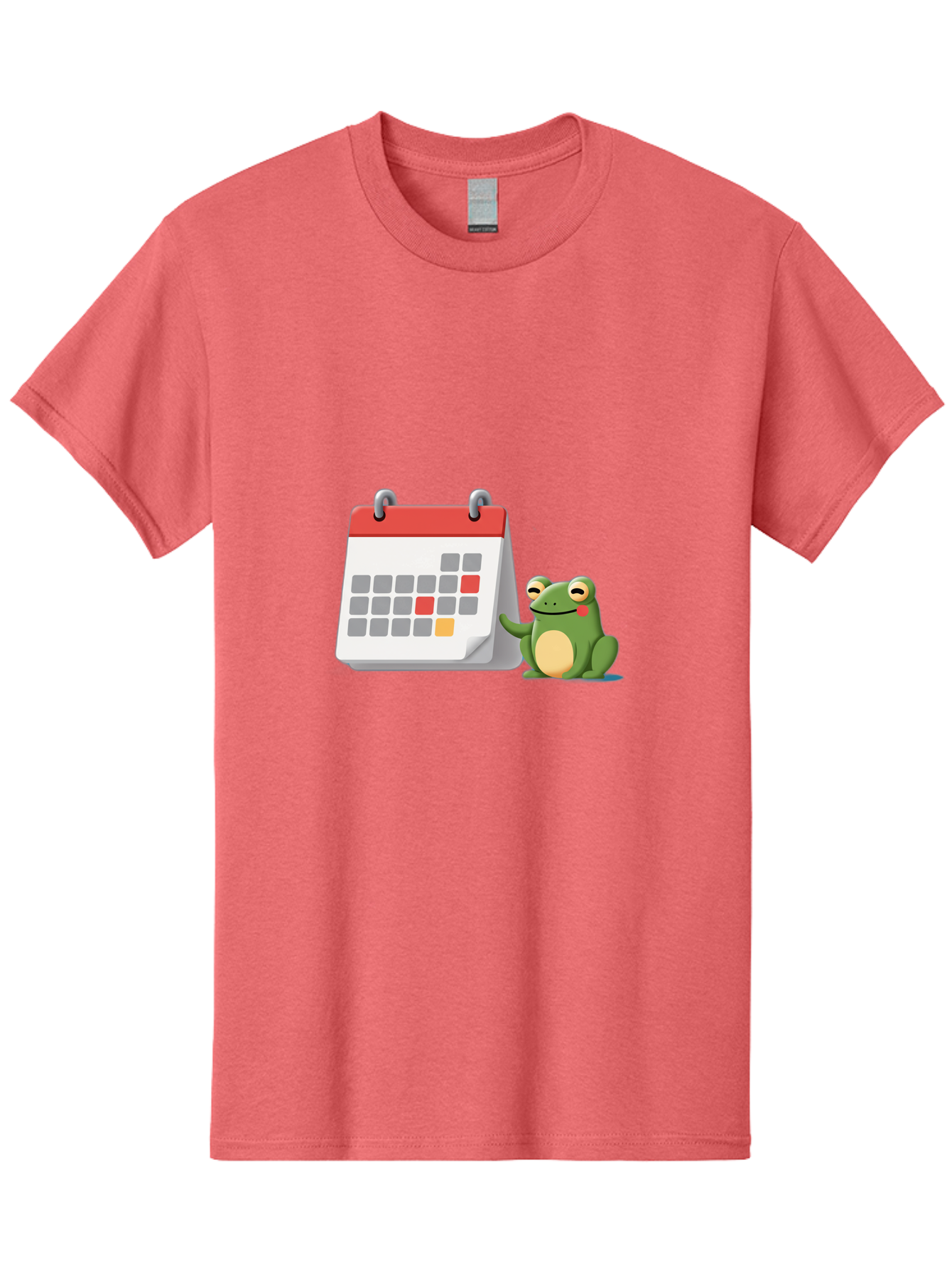 Frog-Calendar-1 Men'S Graphic Tee, 100% Cotton, Comfortable Casual Summer Wear, Machine Washable, Calendar With Frog, Scheduling, Planning, Organization, Time Management, Cartoon Character, Green Frog, Red Top Calendar, Gray Red Orange Dates, Bab918