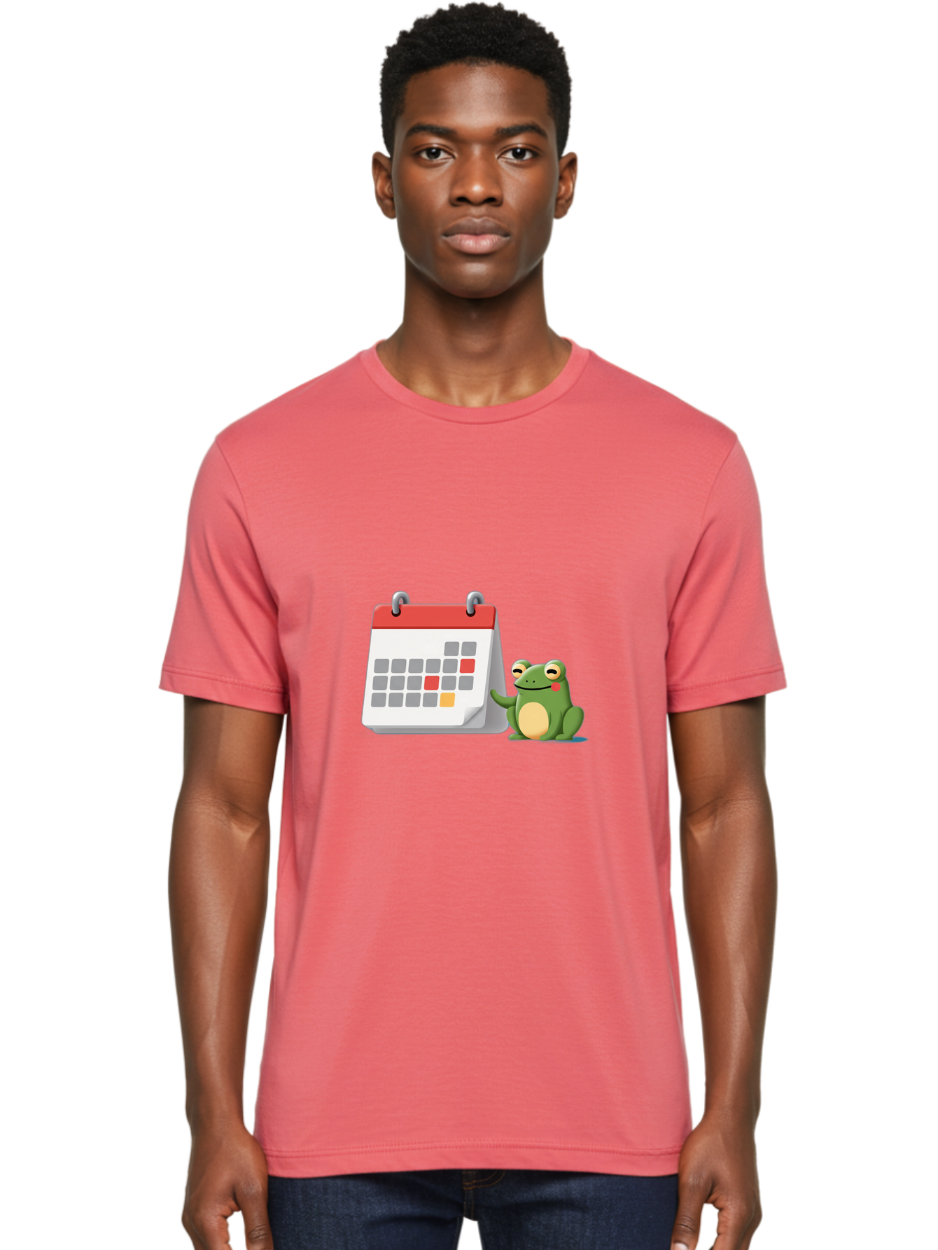Frog-Calendar-1 Men'S Graphic Tee, 100% Cotton, Comfortable Casual Summer Wear, Machine Washable, Calendar With Frog, Scheduling, Planning, Organization, Time Management, Cartoon Character, Green Frog, Red Top Calendar, Gray Red Orange Dates, Bab918