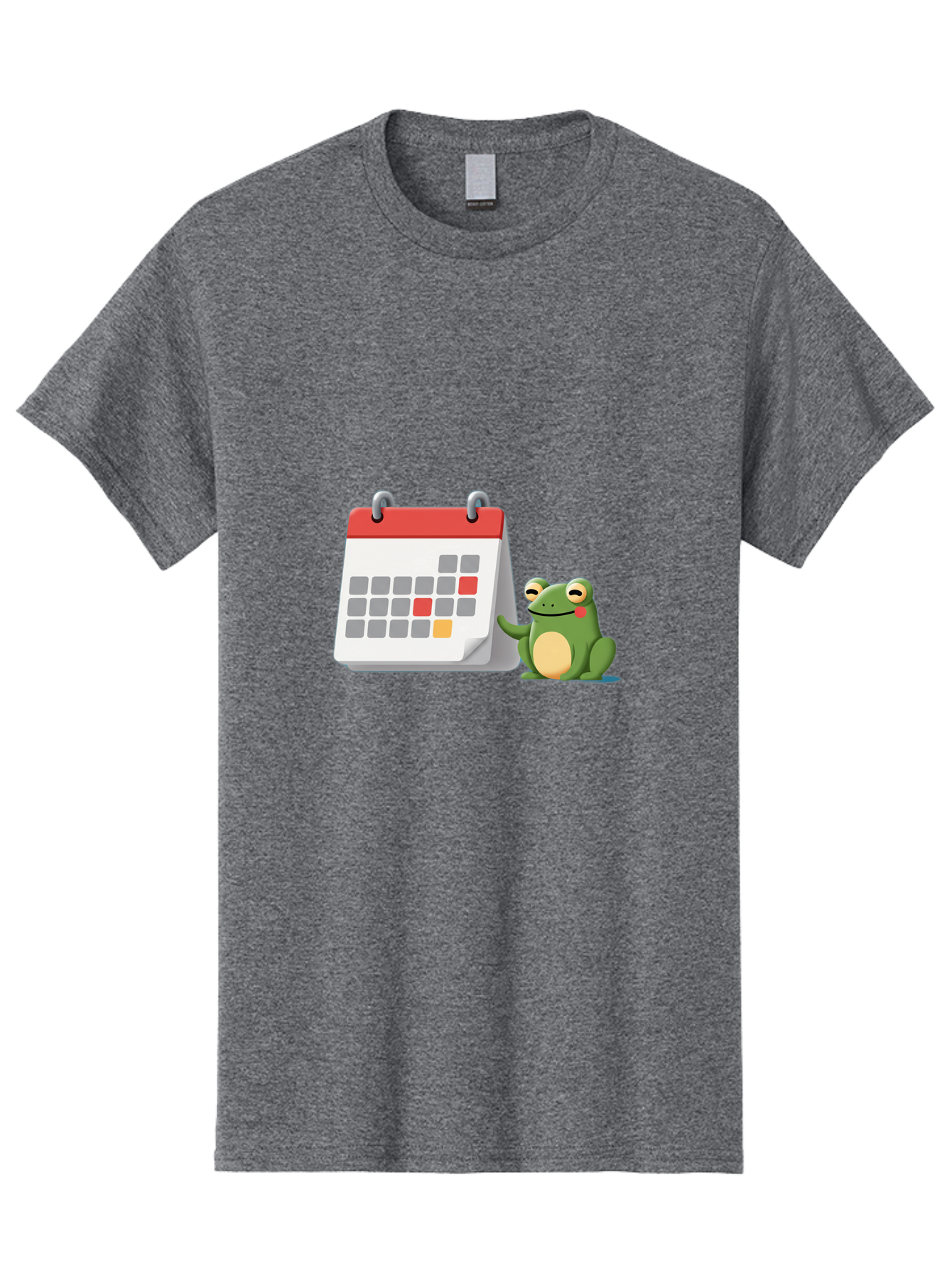 Frog-Calendar-1 Men'S Graphic Tee, 100% Cotton, Comfortable Casual Summer Wear, Machine Washable, Calendar With Frog, Scheduling, Planning, Organization, Time Management, Cartoon Character, Green Frog, Red Top Calendar, Gray Red Orange Dates, Bab918