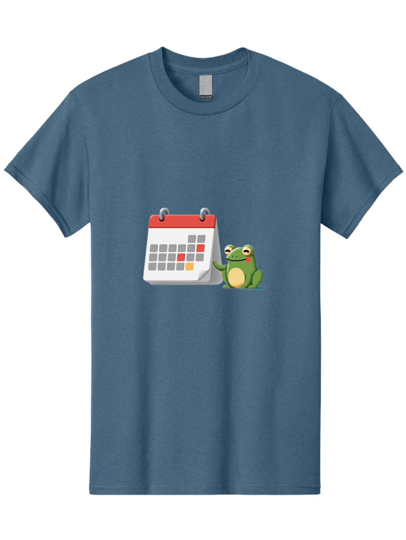 Frog-Calendar-1 Men'S Graphic Tee, 100% Cotton, Comfortable Casual Summer Wear, Machine Washable, Calendar With Frog, Scheduling, Planning, Organization, Time Management, Cartoon Character, Green Frog, Red Top Calendar, Gray Red Orange Dates, Bab918