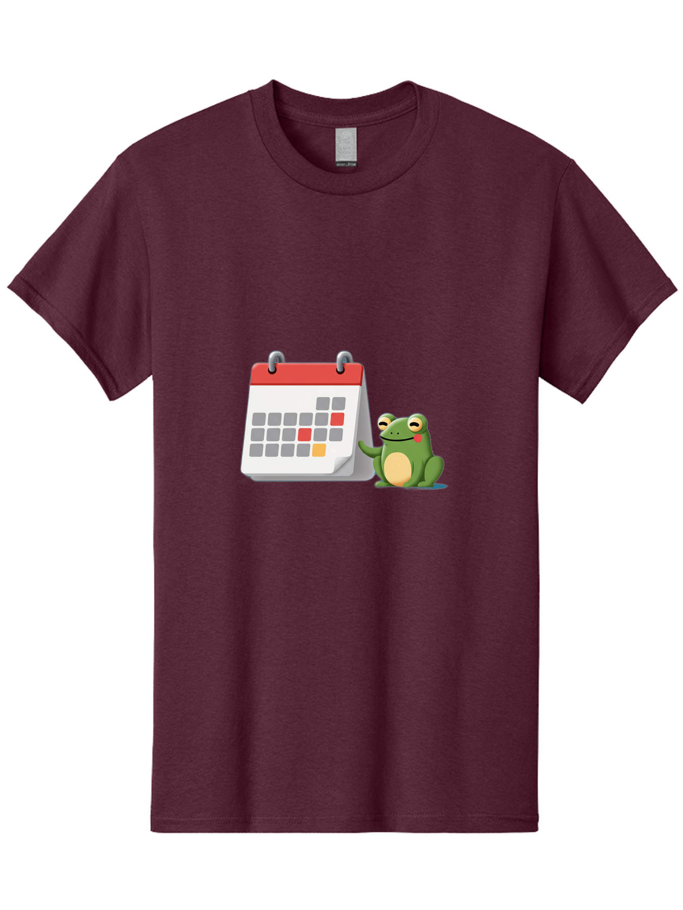 Frog-Calendar-1 Men'S Graphic Tee, 100% Cotton, Comfortable Casual Summer Wear, Machine Washable, Calendar With Frog, Scheduling, Planning, Organization, Time Management, Cartoon Character, Green Frog, Red Top Calendar, Gray Red Orange Dates, Bab918