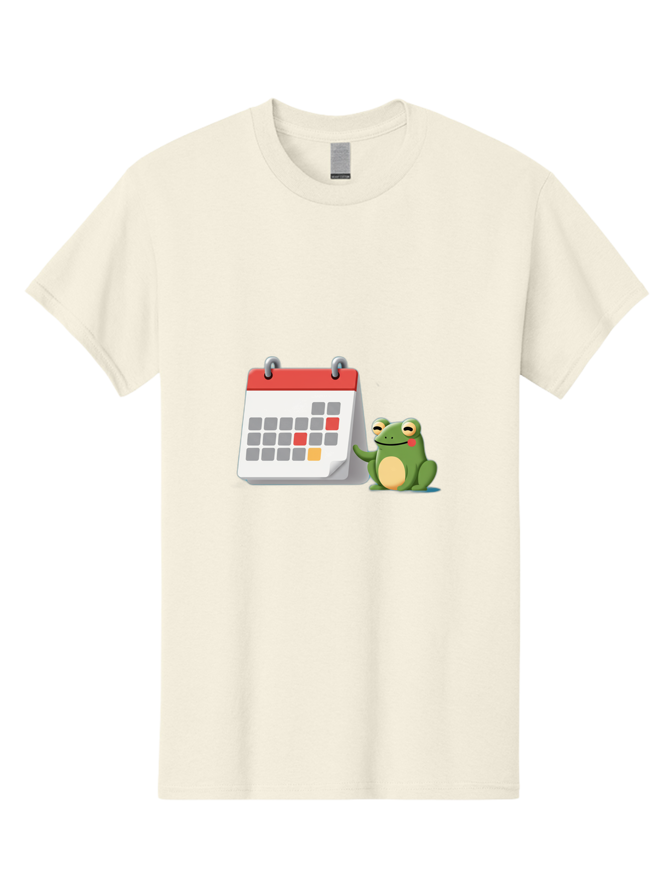 Frog-Calendar-1 Men'S Graphic Tee, 100% Cotton, Comfortable Casual Summer Wear, Machine Washable, Calendar With Frog, Scheduling, Planning, Organization, Time Management, Cartoon Character, Green Frog, Red Top Calendar, Gray Red Orange Dates, Bab918