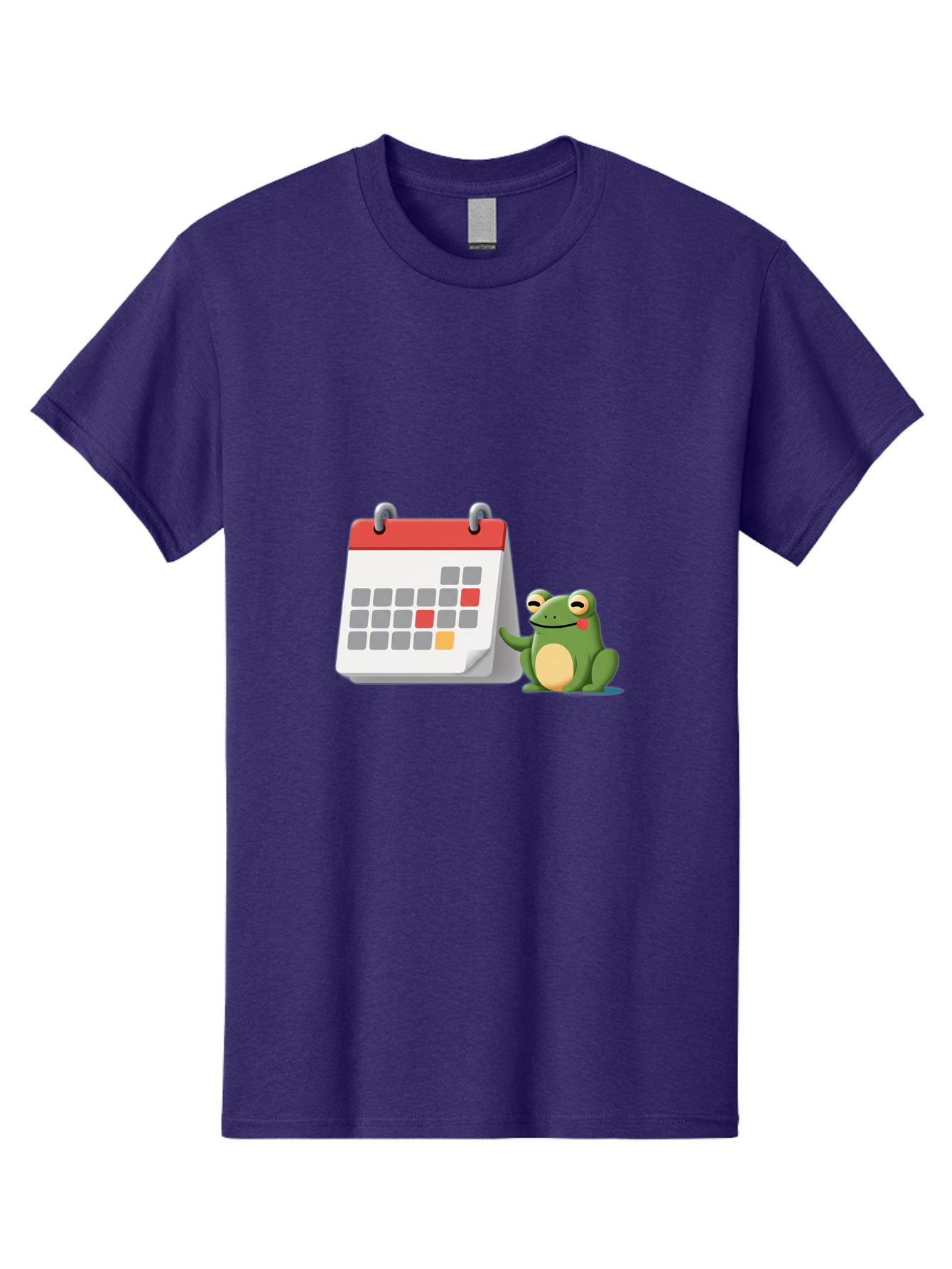 Frog-Calendar-1 Men'S Graphic Tee, 100% Cotton, Comfortable Casual Summer Wear, Machine Washable, Calendar With Frog, Scheduling, Planning, Organization, Time Management, Cartoon Character, Green Frog, Red Top Calendar, Gray Red Orange Dates, Bab918