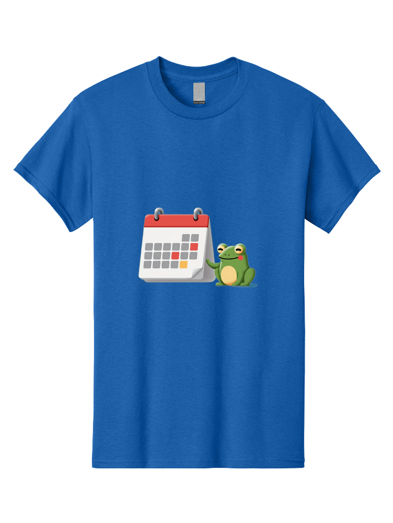 Frog-Calendar-1 Men'S Graphic Tee, 100% Cotton, Comfortable Casual Summer Wear, Machine Washable, Calendar With Frog, Scheduling, Planning, Organization, Time Management, Cartoon Character, Green Frog, Red Top Calendar, Gray Red Orange Dates, Bab918