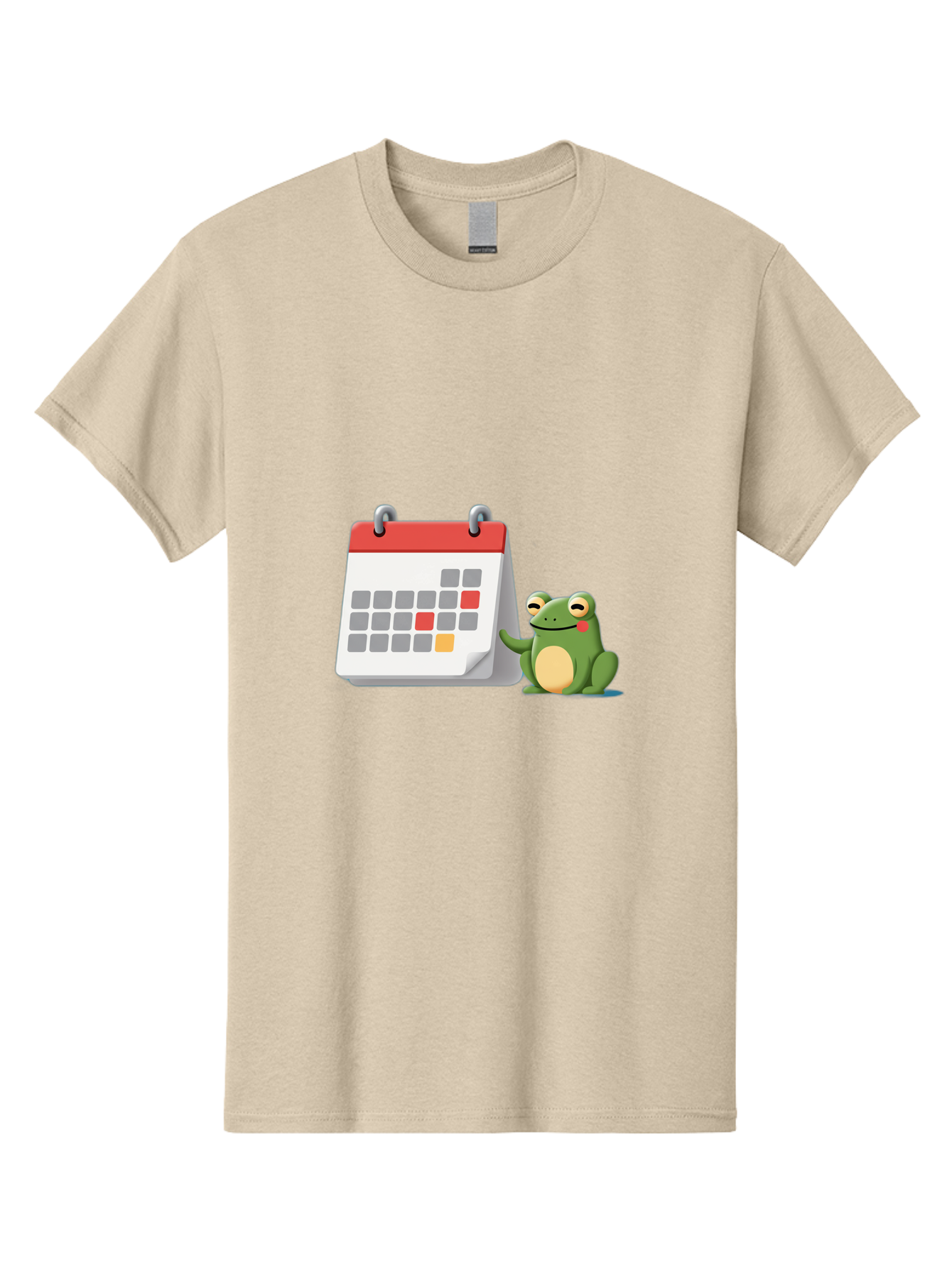 Frog-Calendar-1 Men'S Graphic Tee, 100% Cotton, Comfortable Casual Summer Wear, Machine Washable, Calendar With Frog, Scheduling, Planning, Organization, Time Management, Cartoon Character, Green Frog, Red Top Calendar, Gray Red Orange Dates, Bab918