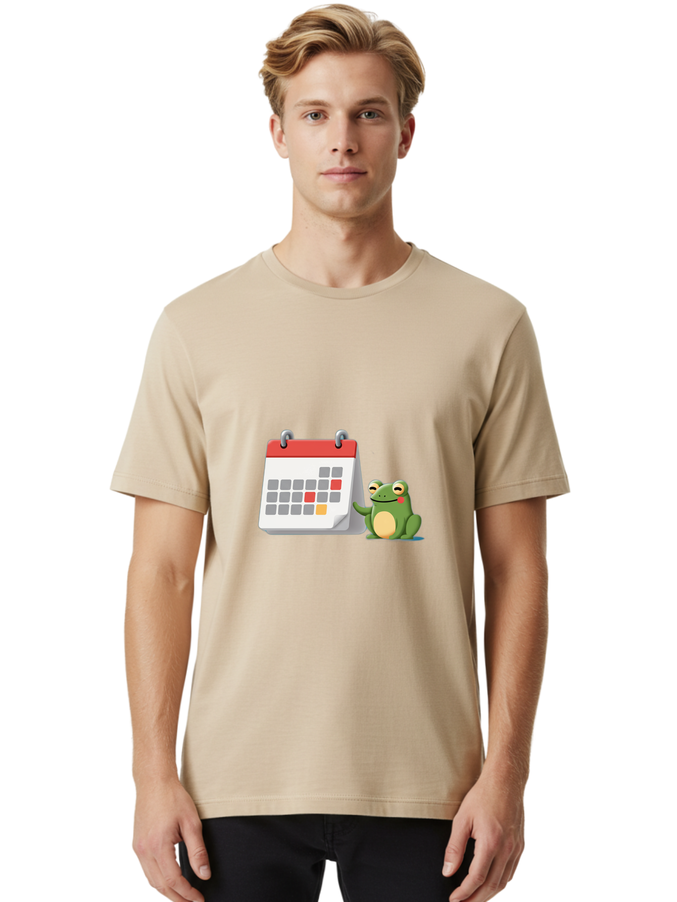 Frog-Calendar-1 Men'S Graphic Tee, 100% Cotton, Comfortable Casual Summer Wear, Machine Washable, Calendar With Frog, Scheduling, Planning, Organization, Time Management, Cartoon Character, Green Frog, Red Top Calendar, Gray Red Orange Dates, Bab918