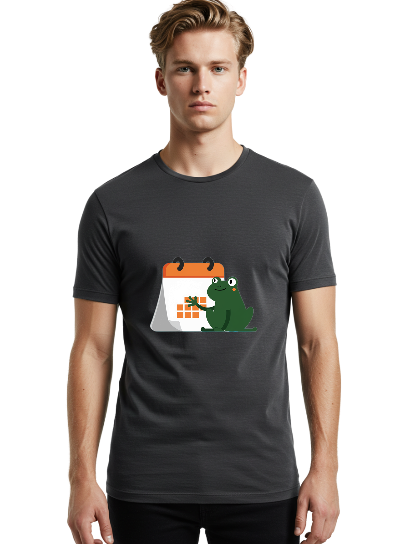 Frog-Calendar Men'S Graphic Tee, 100% Cotton, Comfortable Casual Summer Wear, Machine Washable, Green Cartoon Frog, Calendar Icon, Orange Grid, Scheduling, Planning, Organization, Task Management, Digital Calendar, To-Do List, Bab919