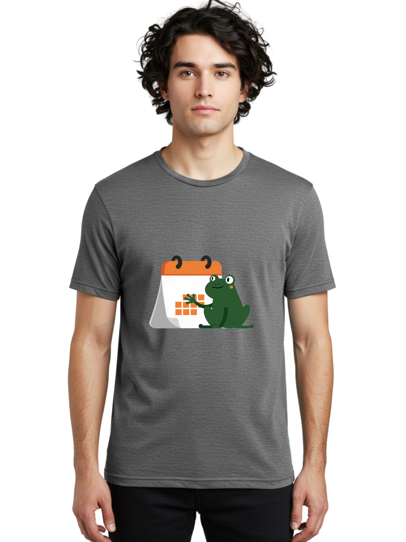 Frog-Calendar Men'S Graphic Tee, 100% Cotton, Comfortable Casual Summer Wear, Machine Washable, Green Cartoon Frog, Calendar Icon, Orange Grid, Scheduling, Planning, Organization, Task Management, Digital Calendar, To-Do List, Bab919