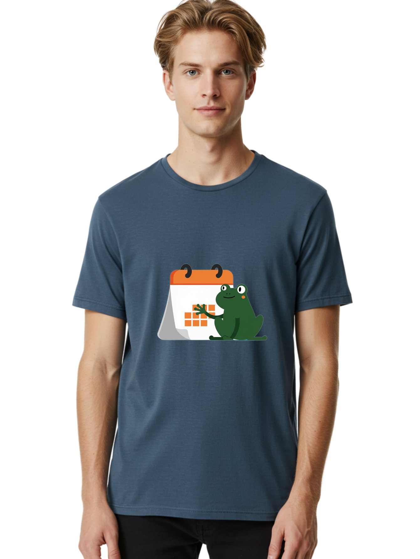 Frog-Calendar Men'S Graphic Tee, 100% Cotton, Comfortable Casual Summer Wear, Machine Washable, Green Cartoon Frog, Calendar Icon, Orange Grid, Scheduling, Planning, Organization, Task Management, Digital Calendar, To-Do List, Bab919