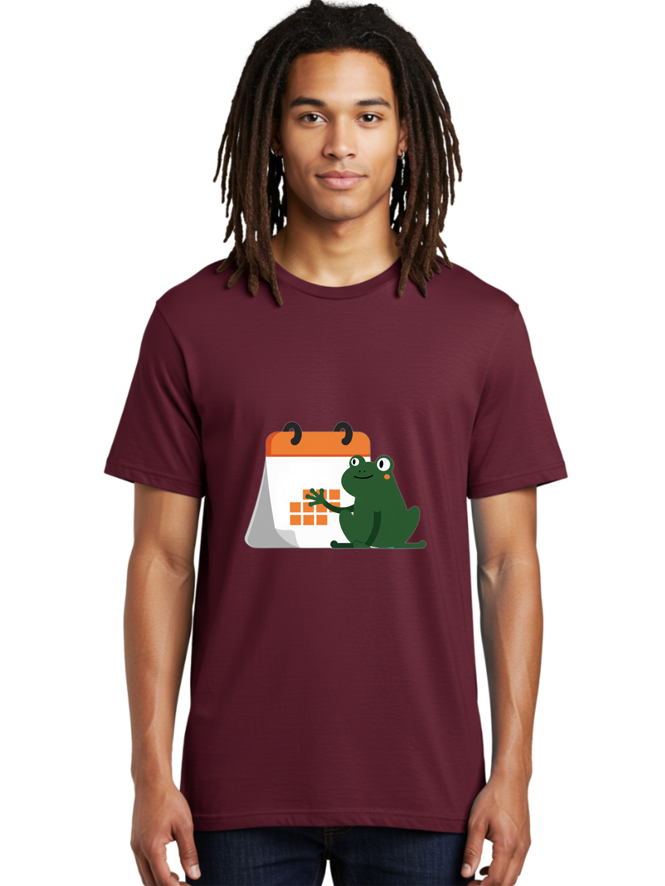 Frog-Calendar Men'S Graphic Tee, 100% Cotton, Comfortable Casual Summer Wear, Machine Washable, Green Cartoon Frog, Calendar Icon, Orange Grid, Scheduling, Planning, Organization, Task Management, Digital Calendar, To-Do List, Bab919