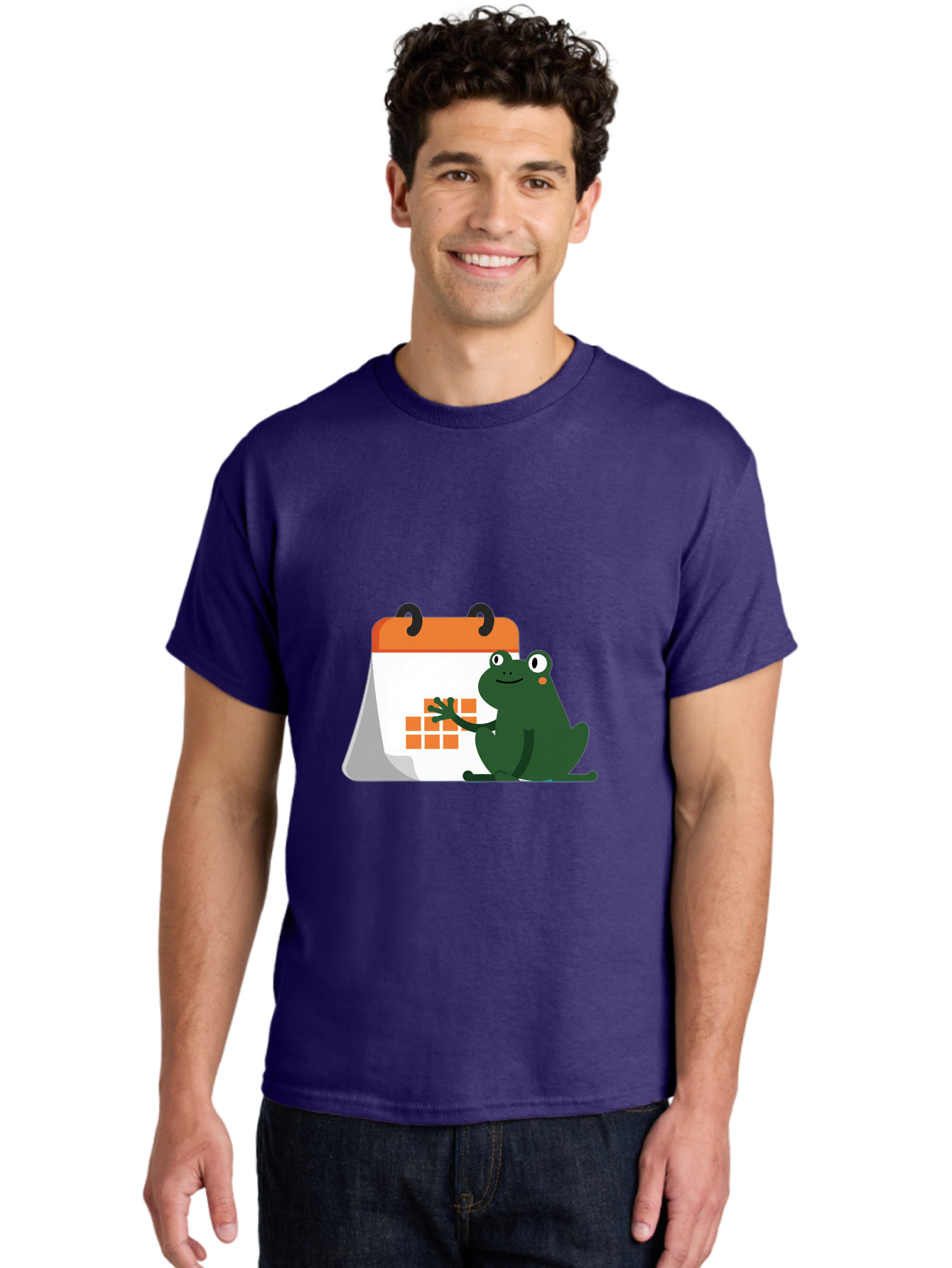 Frog-Calendar Men'S Graphic Tee, 100% Cotton, Comfortable Casual Summer Wear, Machine Washable, Green Cartoon Frog, Calendar Icon, Orange Grid, Scheduling, Planning, Organization, Task Management, Digital Calendar, To-Do List, Bab919
