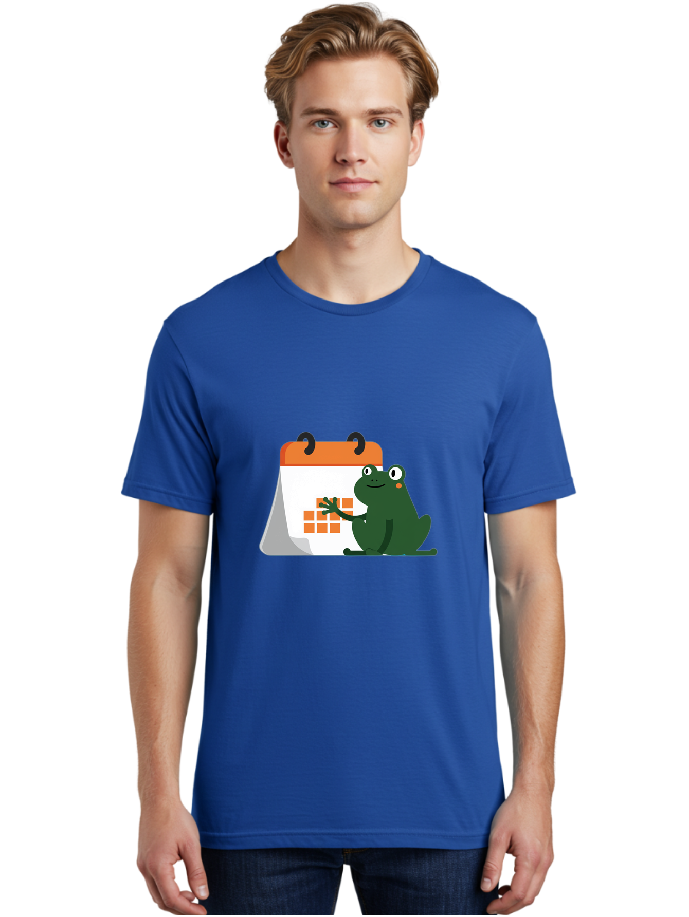Frog-Calendar Men'S Graphic Tee, 100% Cotton, Comfortable Casual Summer Wear, Machine Washable, Green Cartoon Frog, Calendar Icon, Orange Grid, Scheduling, Planning, Organization, Task Management, Digital Calendar, To-Do List, Bab919