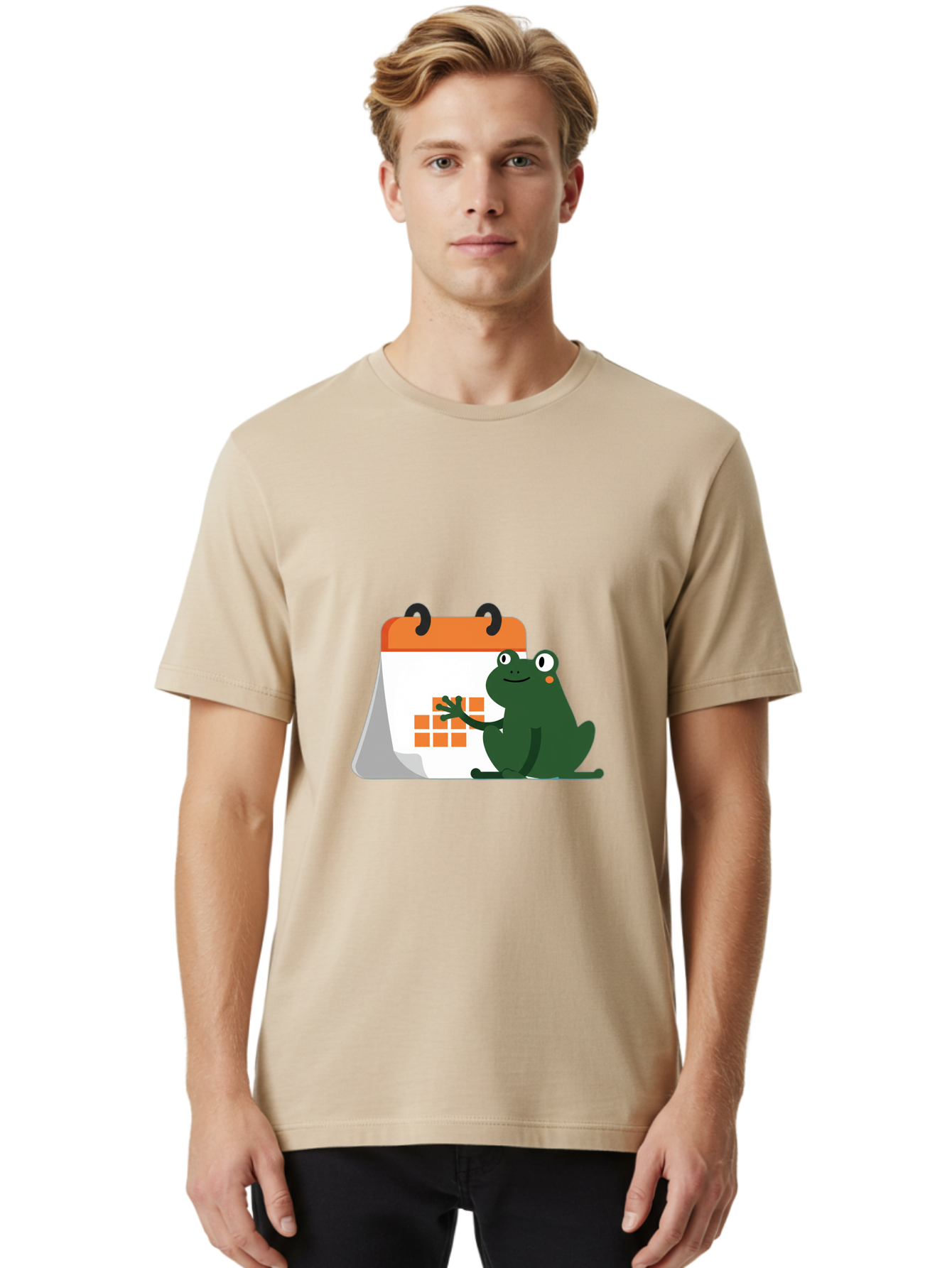 Frog-Calendar Men'S Graphic Tee, 100% Cotton, Comfortable Casual Summer Wear, Machine Washable, Green Cartoon Frog, Calendar Icon, Orange Grid, Scheduling, Planning, Organization, Task Management, Digital Calendar, To-Do List, Bab919