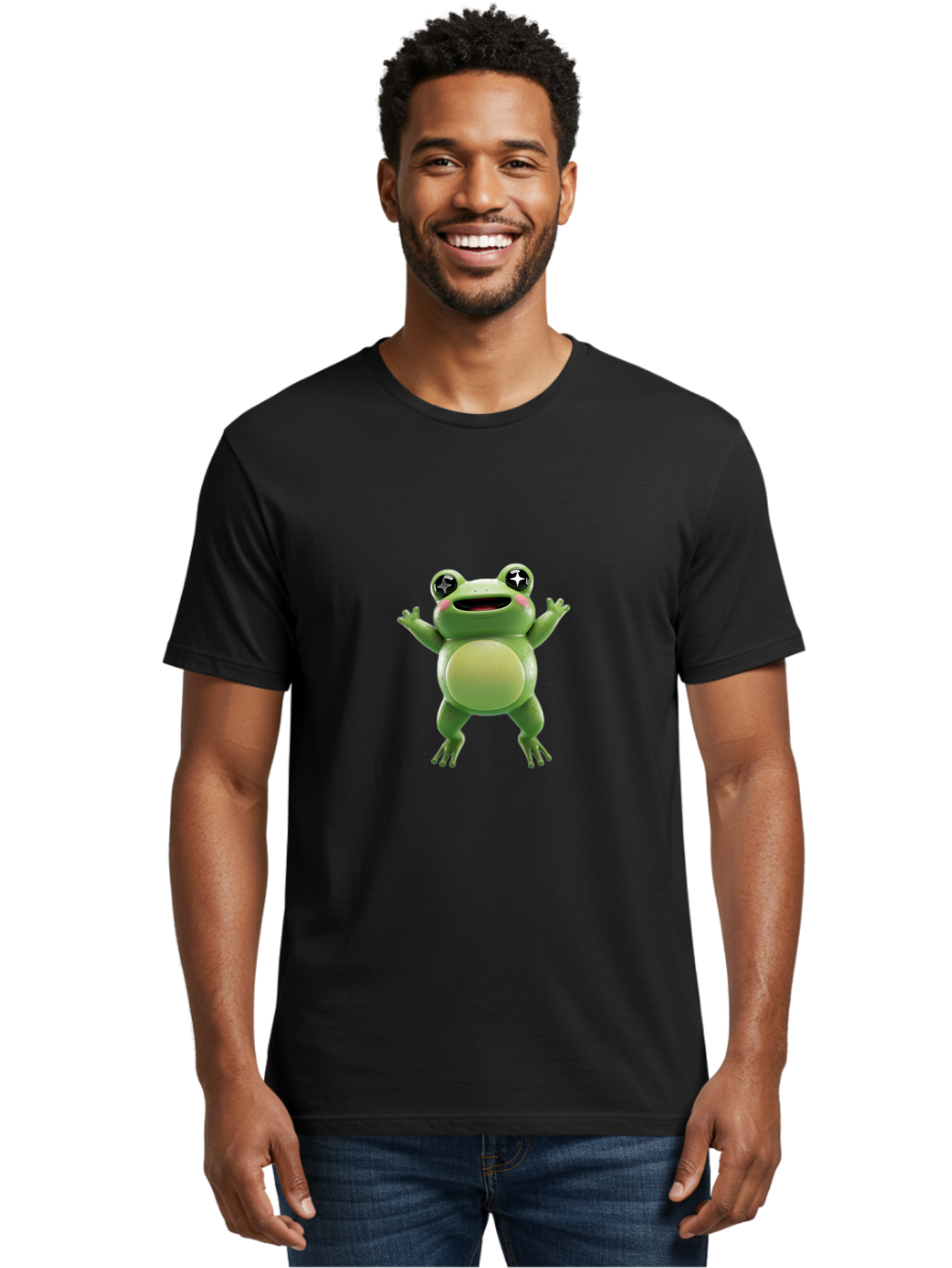 Frog-Character Men'S Graphic Tee, 100% Cotton, Comfortable Casual Summer Wear, Machine Washable, Cartoon Frog, Green Frog, Happy Expression, Shiny Eyes, Raised Hands, Playful Gesture, Animated Character, Fun Design, Cute Illustration, Bab920